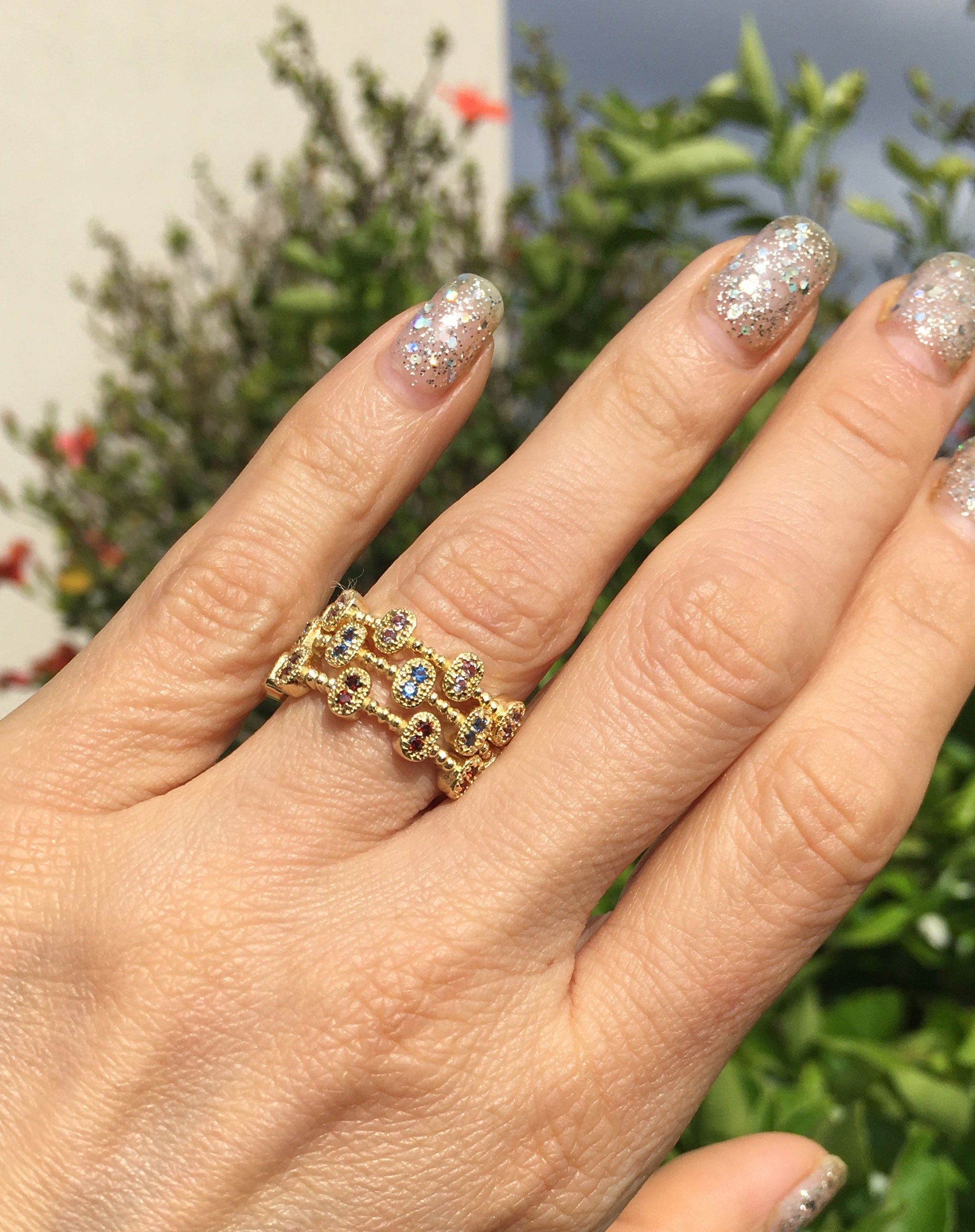 Red Garnet Ring - January Birthstone - Five Bezel-Sets Ring with Red Garnet Accents - H.L.Jewelry