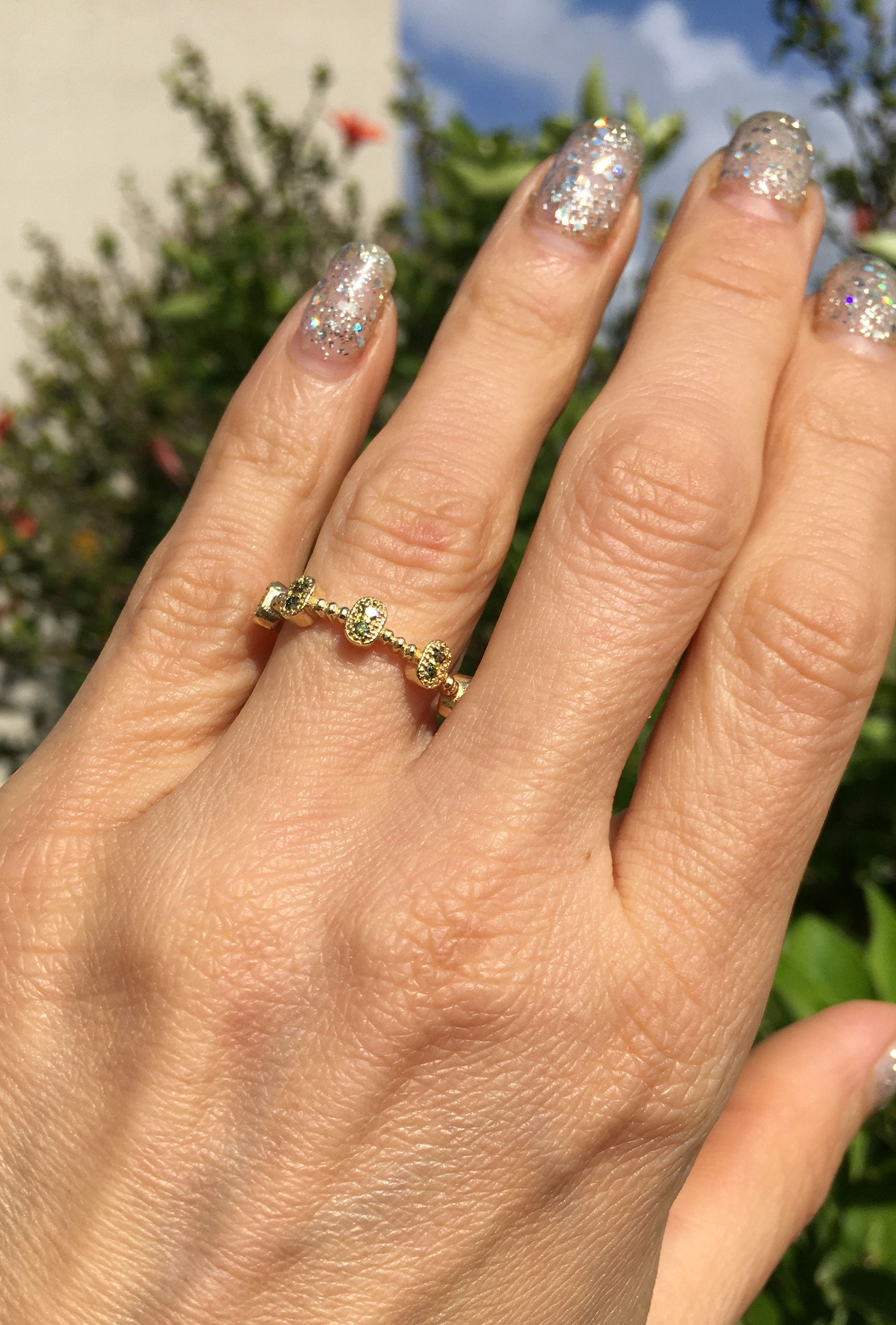 Peridot Ring - August Birthstone - Five Bezel-Sets Ring with Peridot Gemstones - H.L.Jewelry