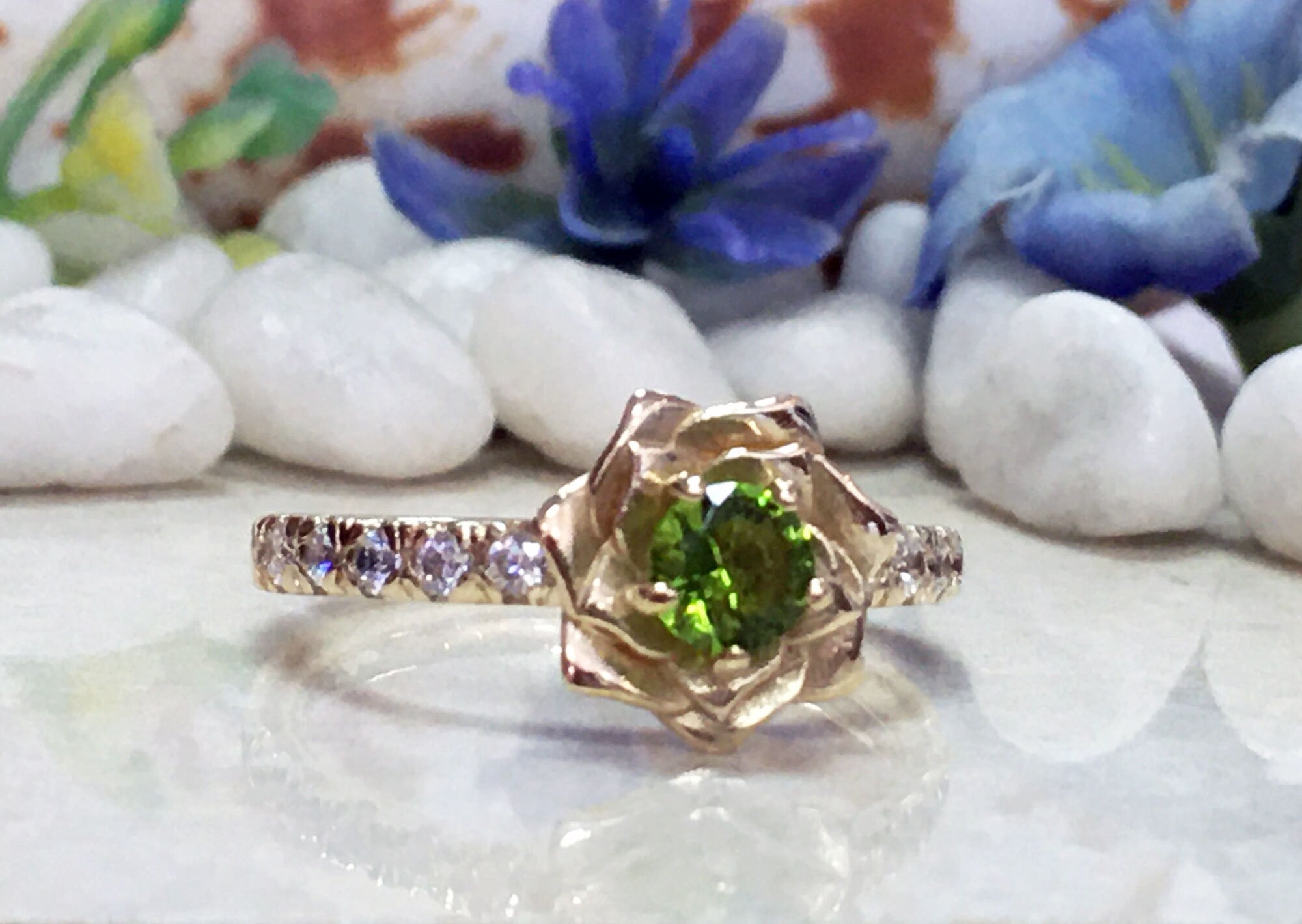 Peridot Ring - August Birthstone - Camellia Ring with Round Peridot Gemstone and Clear Quartz Accents - H.L.Jewelry