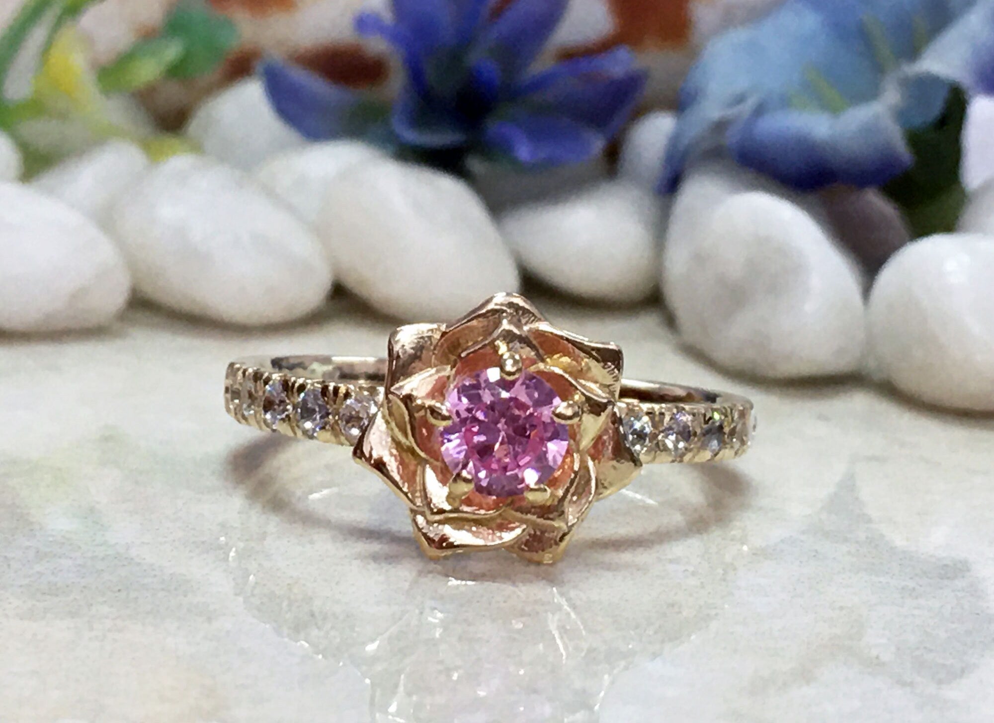 Rose Quartz Ring - Camellia Ring - Flower Ring - Statement Ring - Gold Ring - October Birthstone - H.L.Jewelry