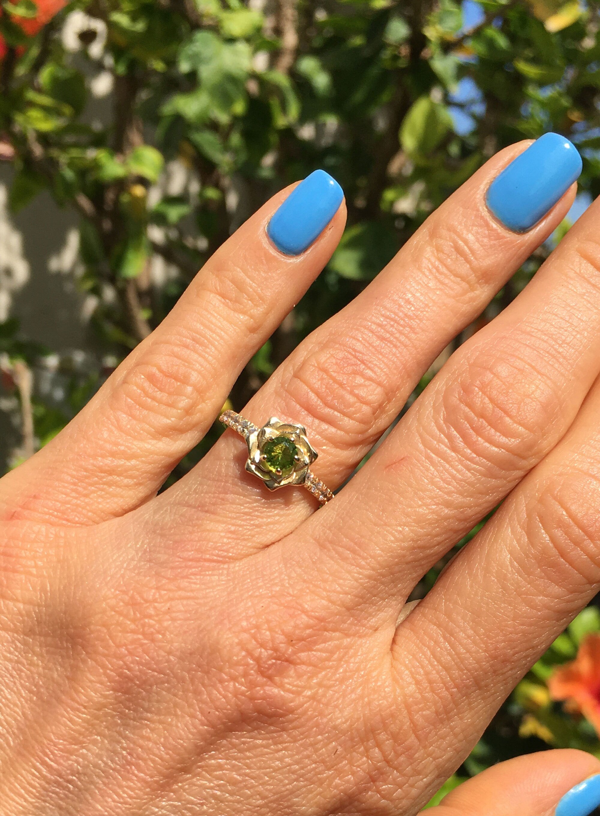 Peridot Ring - August Birthstone - Camellia Ring with Round Peridot Gemstone and Clear Quartz Accents - H.L.Jewelry