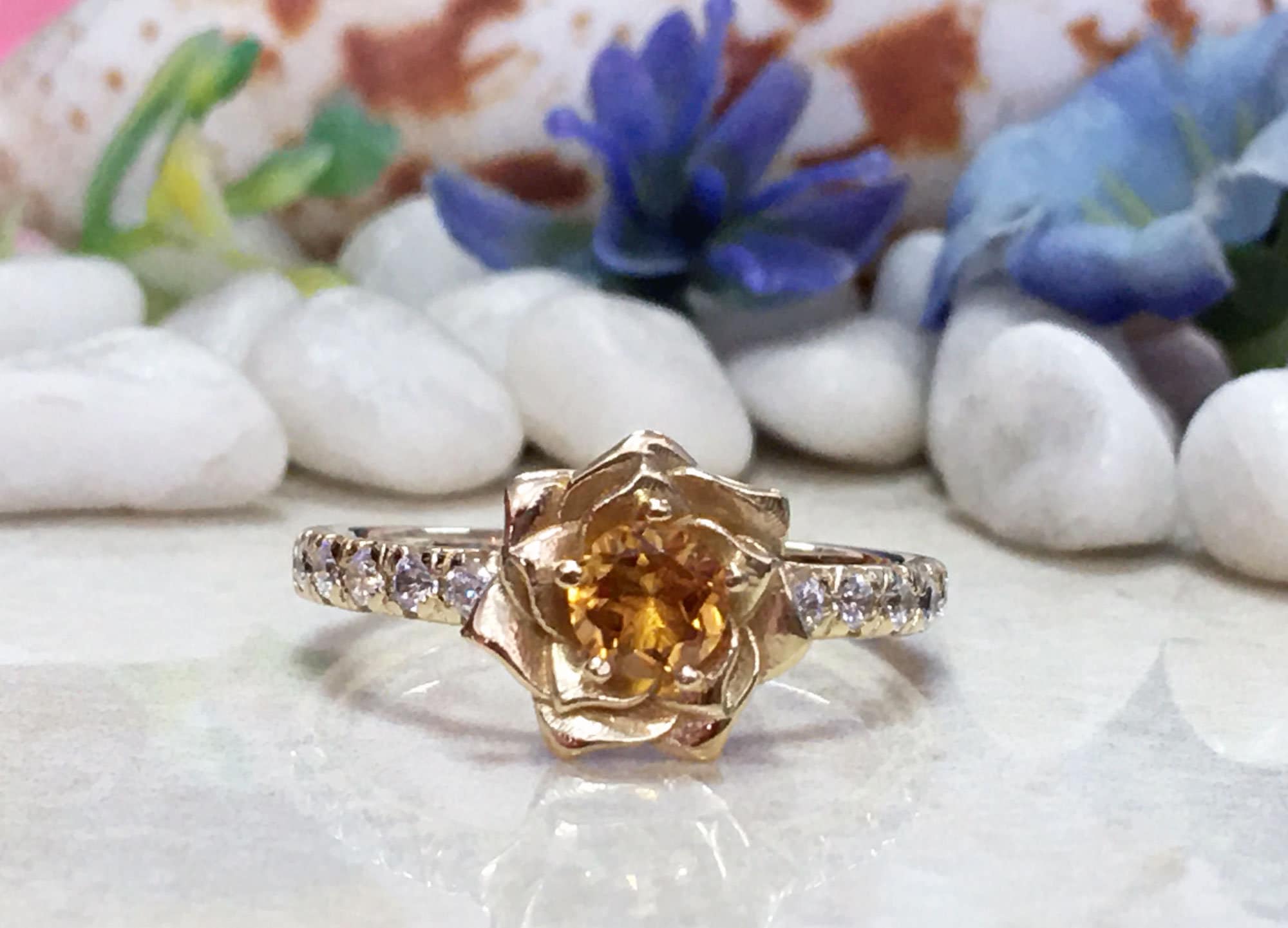 Citrine Ring - November Birthstone - Camellia Ring with Round Citrine Gemstone and Clear Quartz Accents - H.L.Jewelry