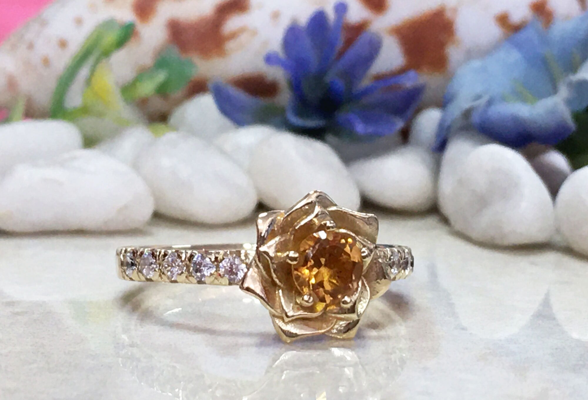 Citrine Ring - November Birthstone - Camellia Ring with Round Citrine Gemstone and Clear Quartz Accents - H.L.Jewelry