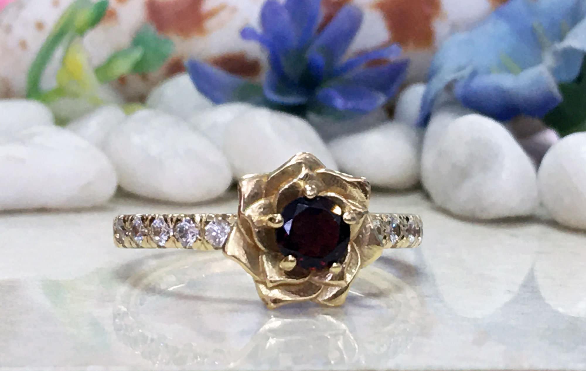 Red Garnet Ring - January Birthstone - Camellia Ring with Round Red Garnet Gemstone and Clear Quartz Accents - H.L.Jewelry