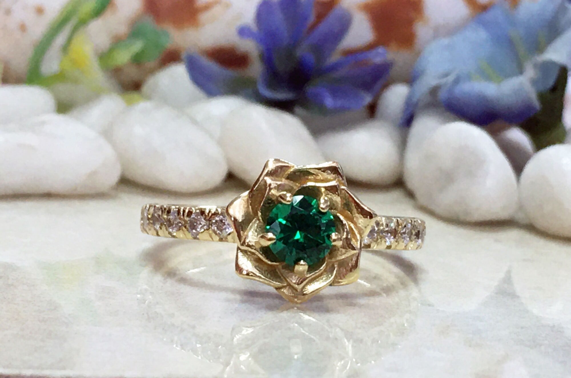 Emerald Ring - May Birthstone - Camellia Engagement Ring with Emerald Gemstone and Clear Quartz Accents - H.L.Jewelry