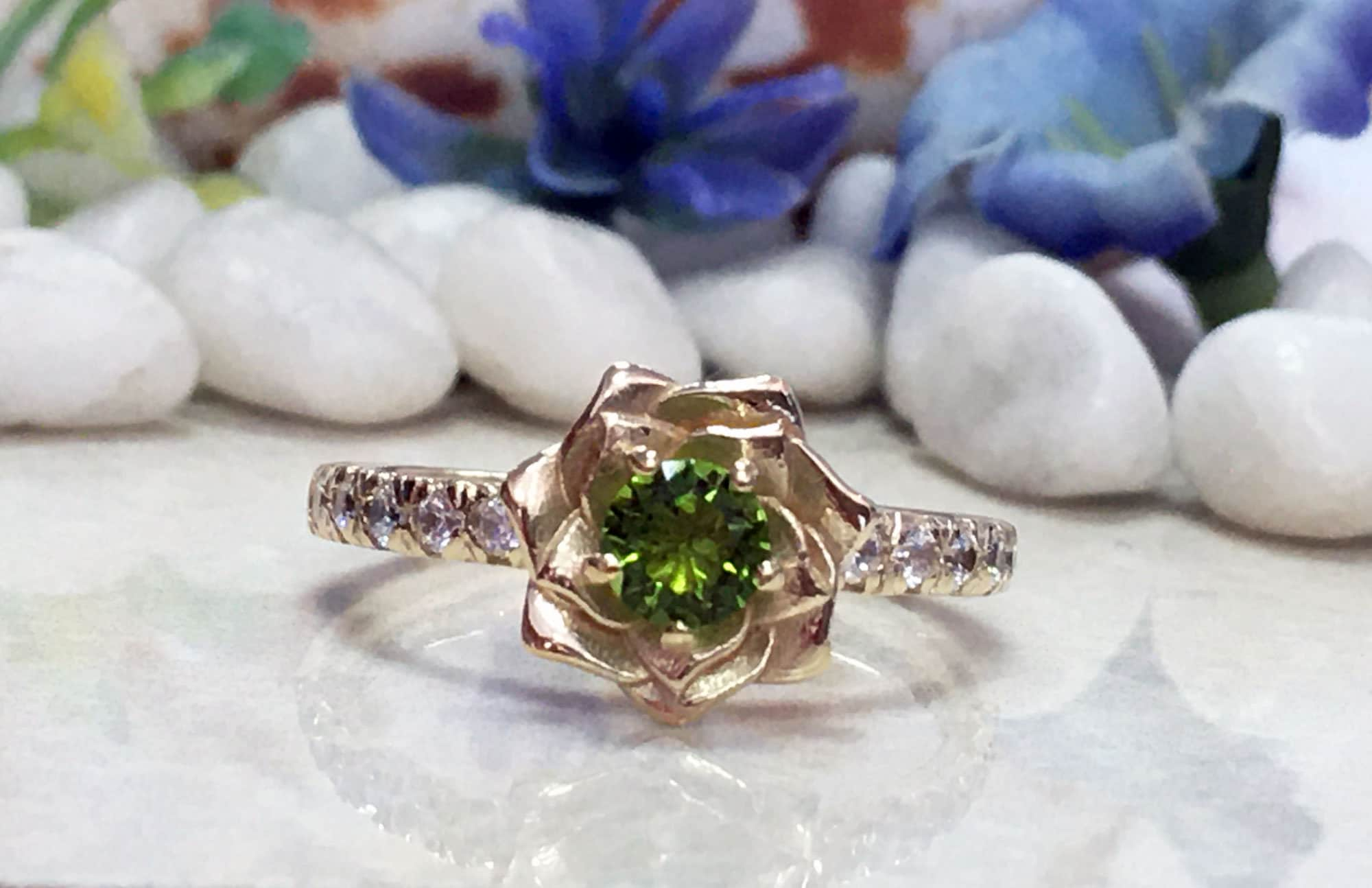 Peridot Ring - August Birthstone - Camellia Ring with Round Peridot Gemstone and Clear Quartz Accents - H.L.Jewelry