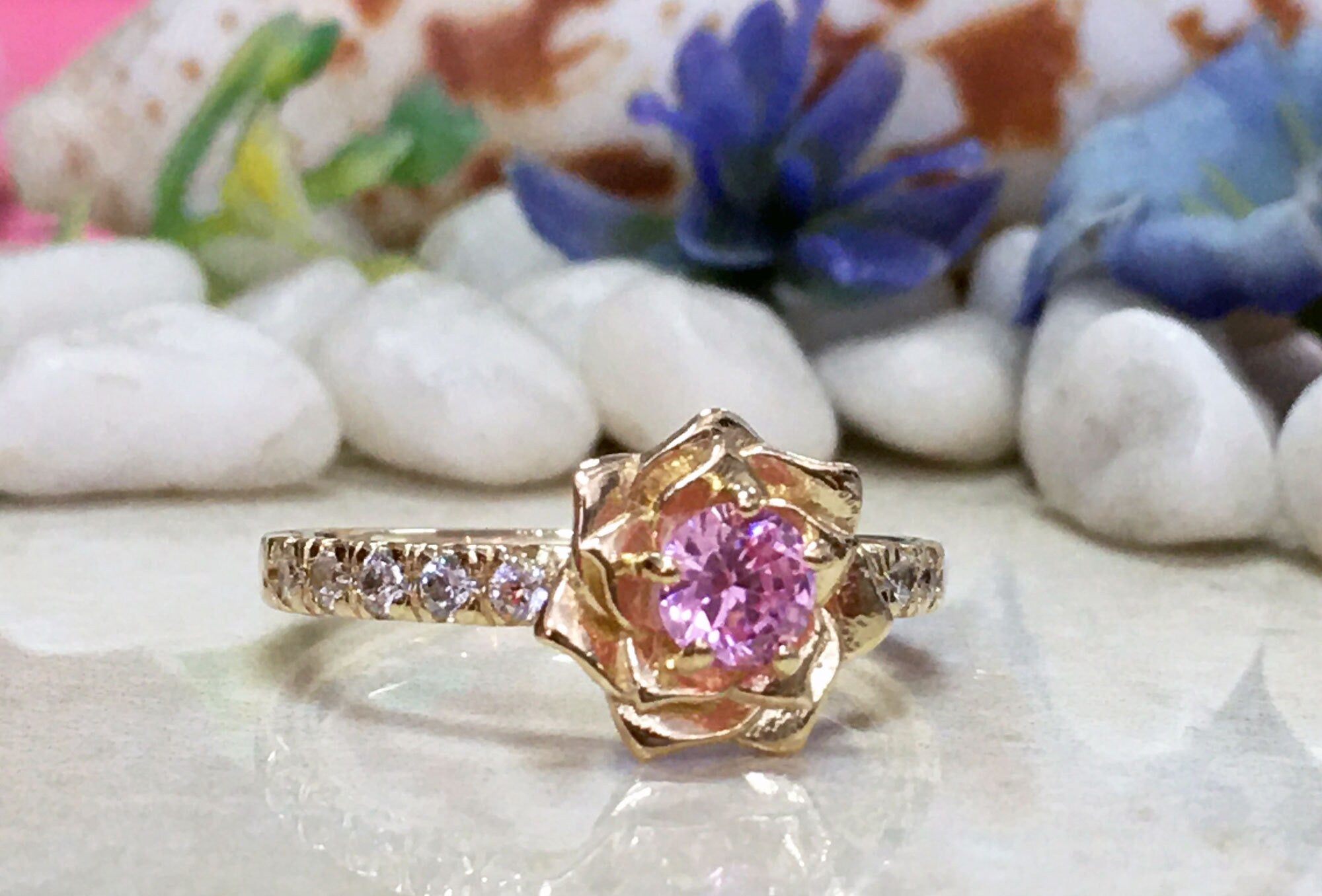 Rose Quartz Ring - Camellia Ring - Flower Ring - Statement Ring - Gold Ring - October Birthstone - H.L.Jewelry