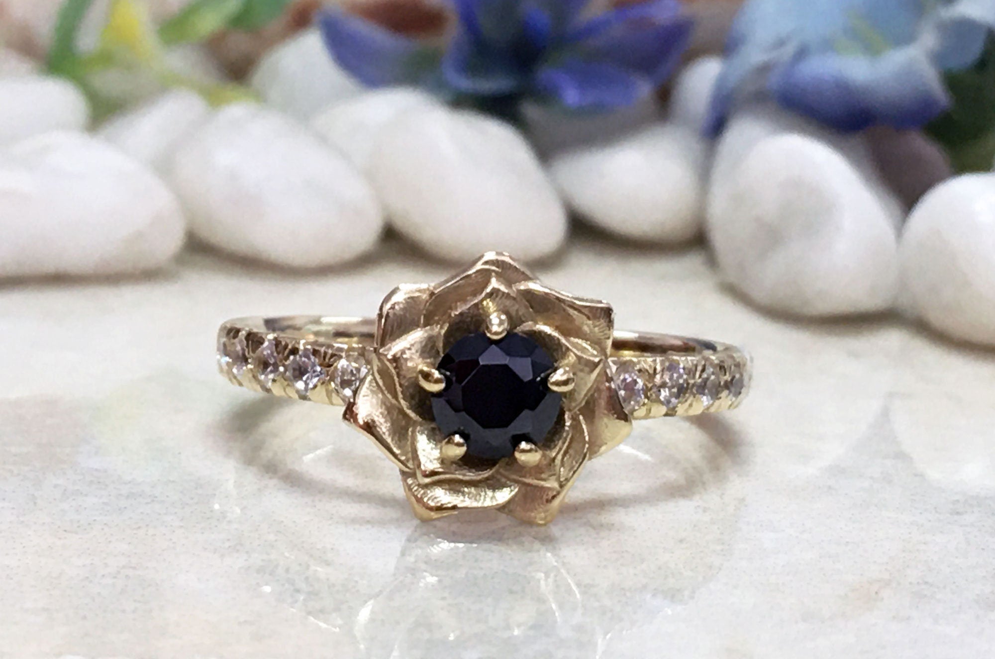 Black Onyx Ring - December Birthstone - Camellia Ring with Round Black Onyx Gemstone and Clear Quartz Accents - H.L.Jewelry