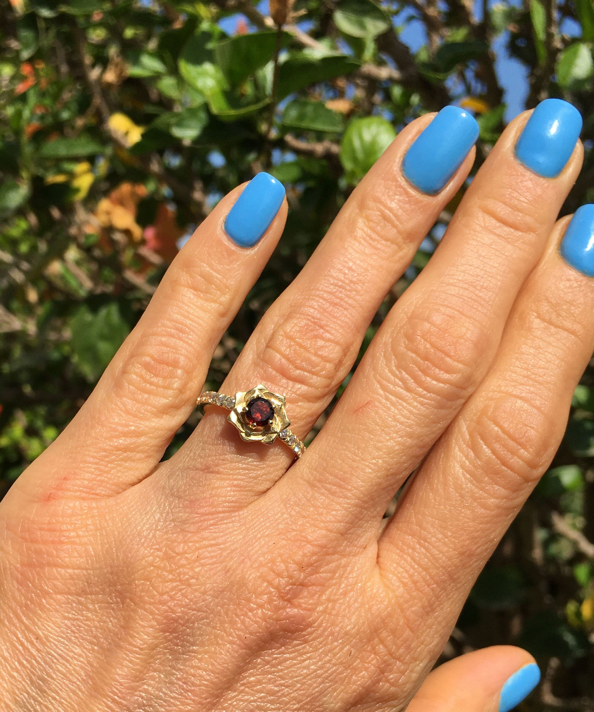 Red Garnet Ring - January Birthstone - Camellia Ring with Round Red Garnet Gemstone and Clear Quartz Accents - H.L.Jewelry