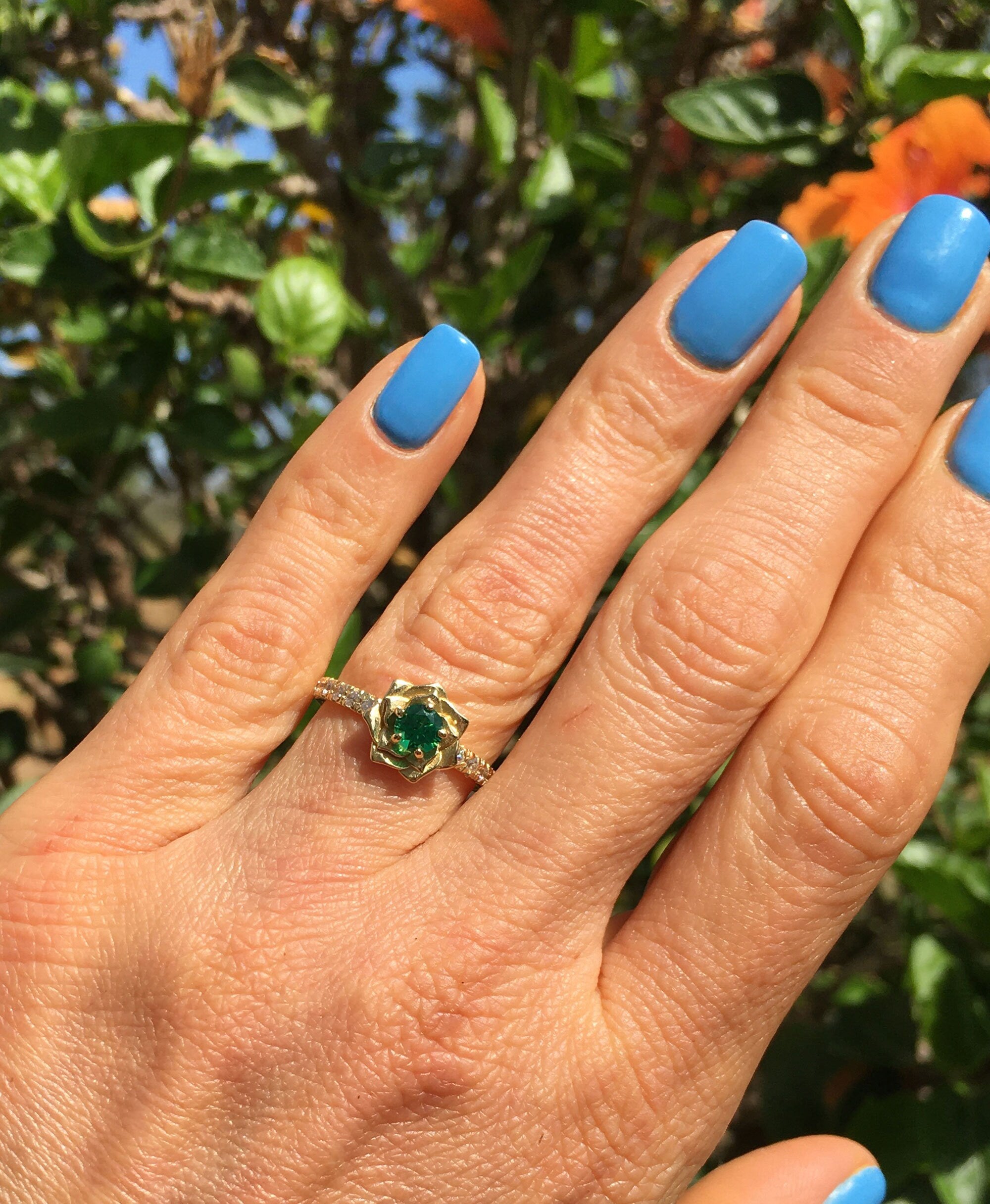 Emerald Ring - May Birthstone - Camellia Engagement Ring with Emerald Gemstone and Clear Quartz Accents - H.L.Jewelry