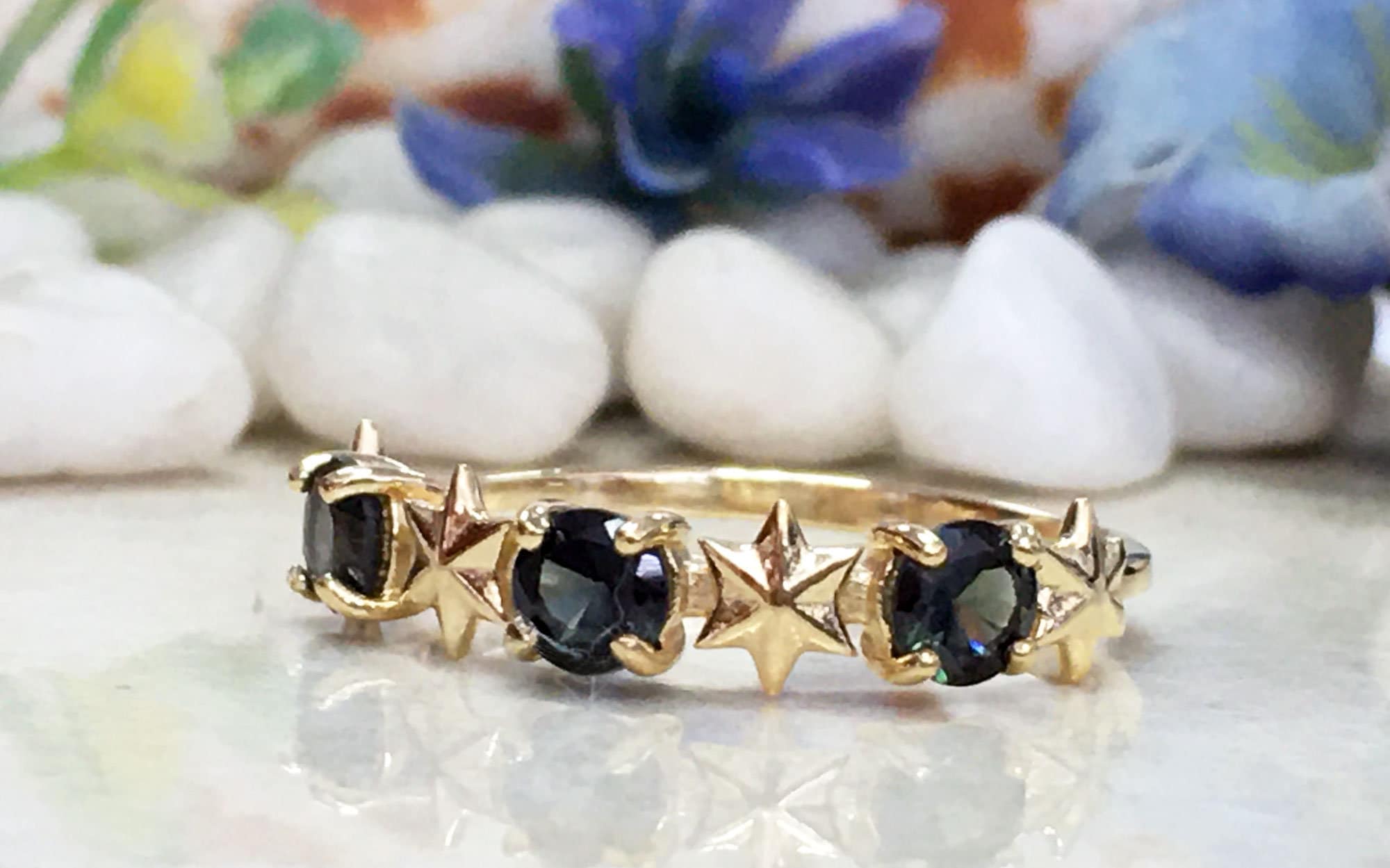 Green Tourmaline Ring - Delicate Ring with Three Green Tourmaline Gemstones and Star Accents - H.L.Jewelry