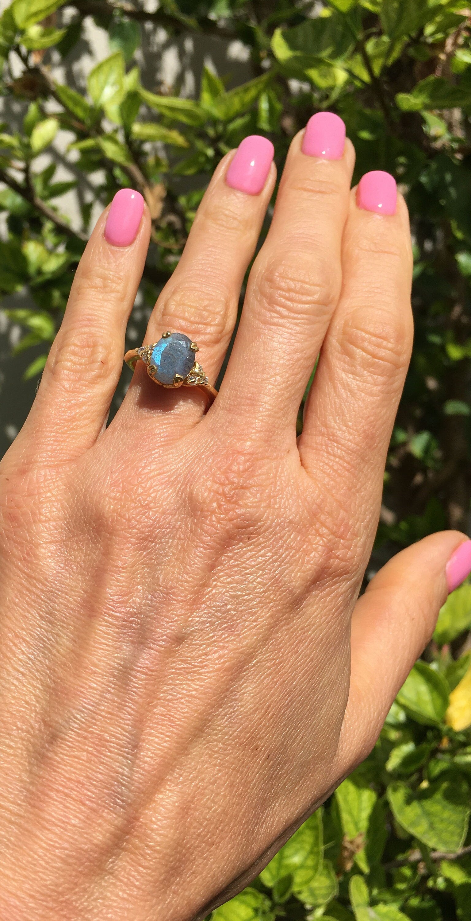 Labradorite Ring - Statement Engagement Ring with Oval Labradorite Gemstone and Clear Quartz Accents - H.L.Jewelry