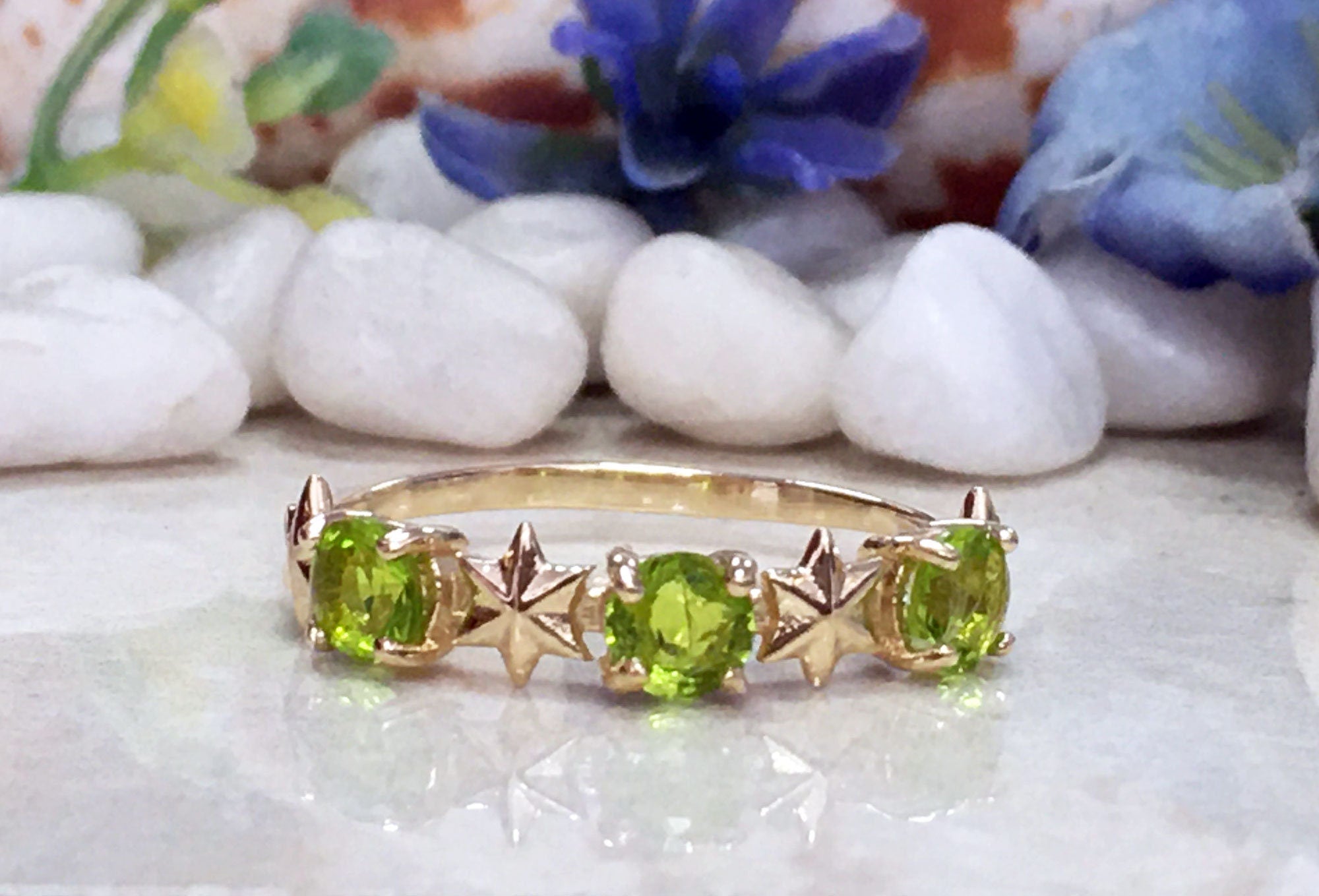 Peridot Ring - August Birthstone - Delicate Ring with Three Peridot Gemstones and Star Accents - H.L.Jewelry