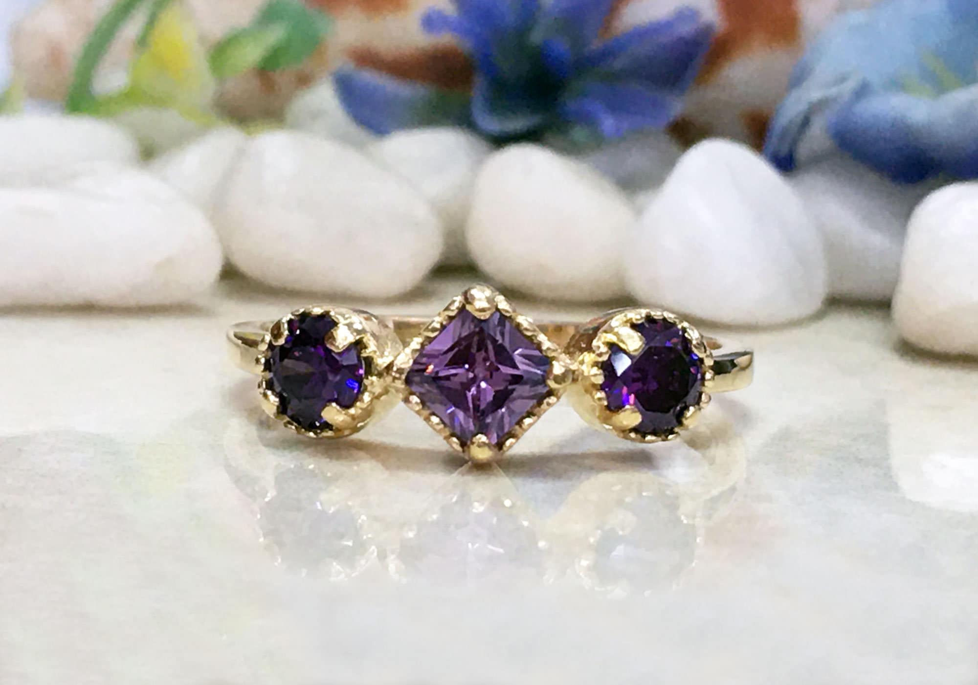 Amethyst Ring - February Birthstone - Ring with Square Amethyst Center Stone and Round Side Accents - H.L.Jewelry