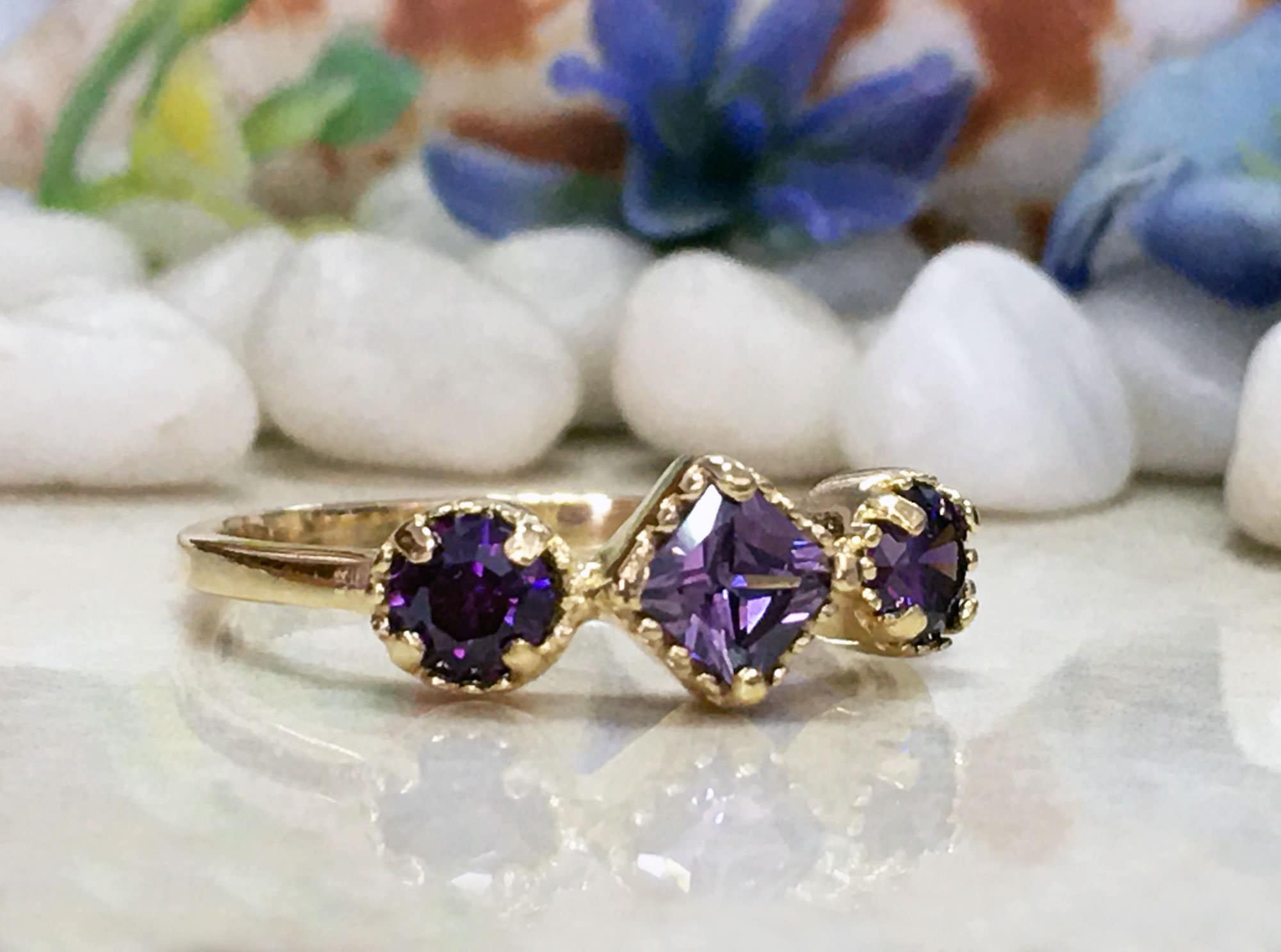 Amethyst Ring - February Birthstone - Ring with Square Amethyst Center Stone and Round Side Accents - H.L.Jewelry