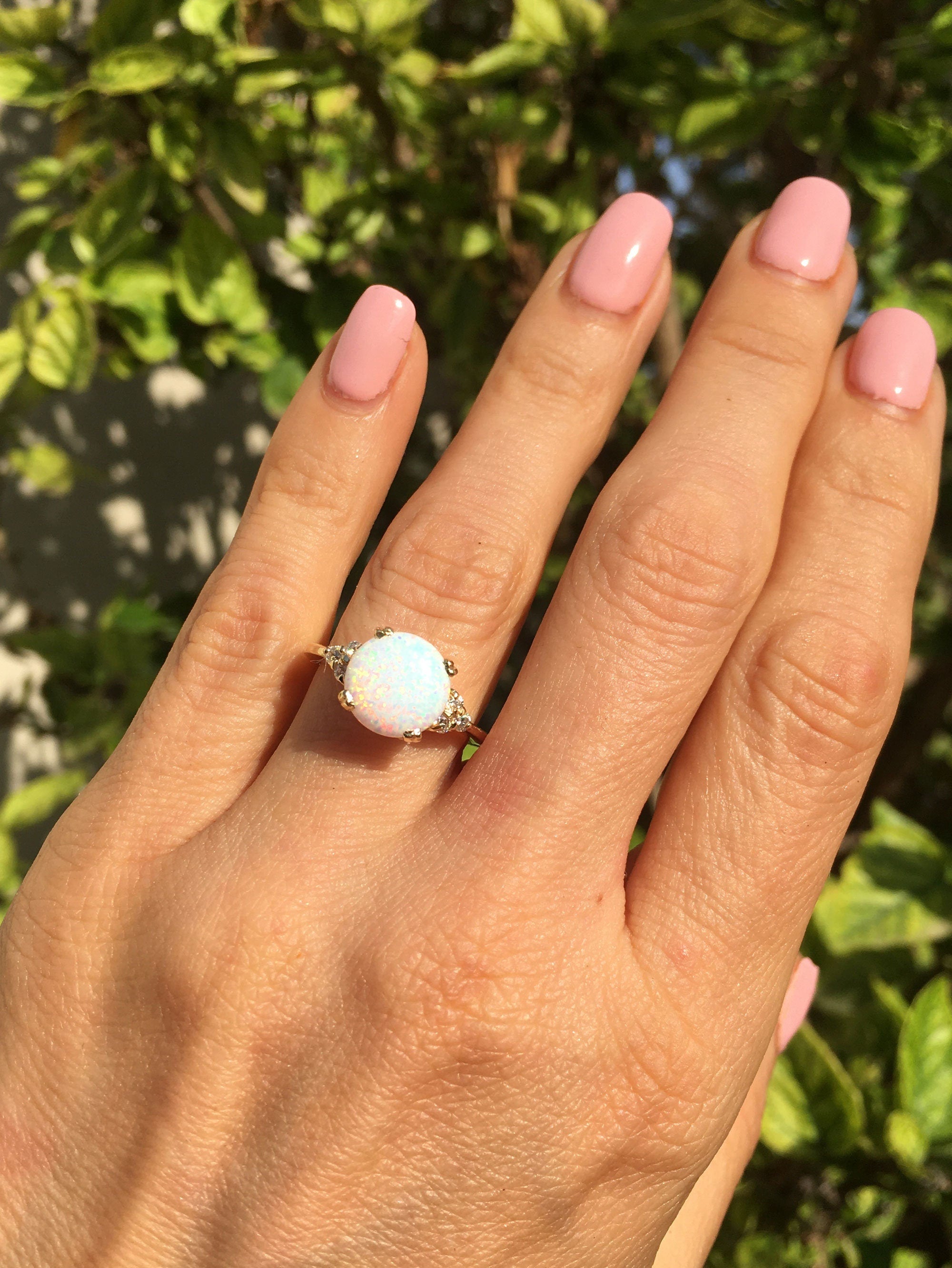 White Opal Ring - Round White Opal Gemstone Statement Engagement Ring with Clear Quartz Accents - H.L.Jewelry