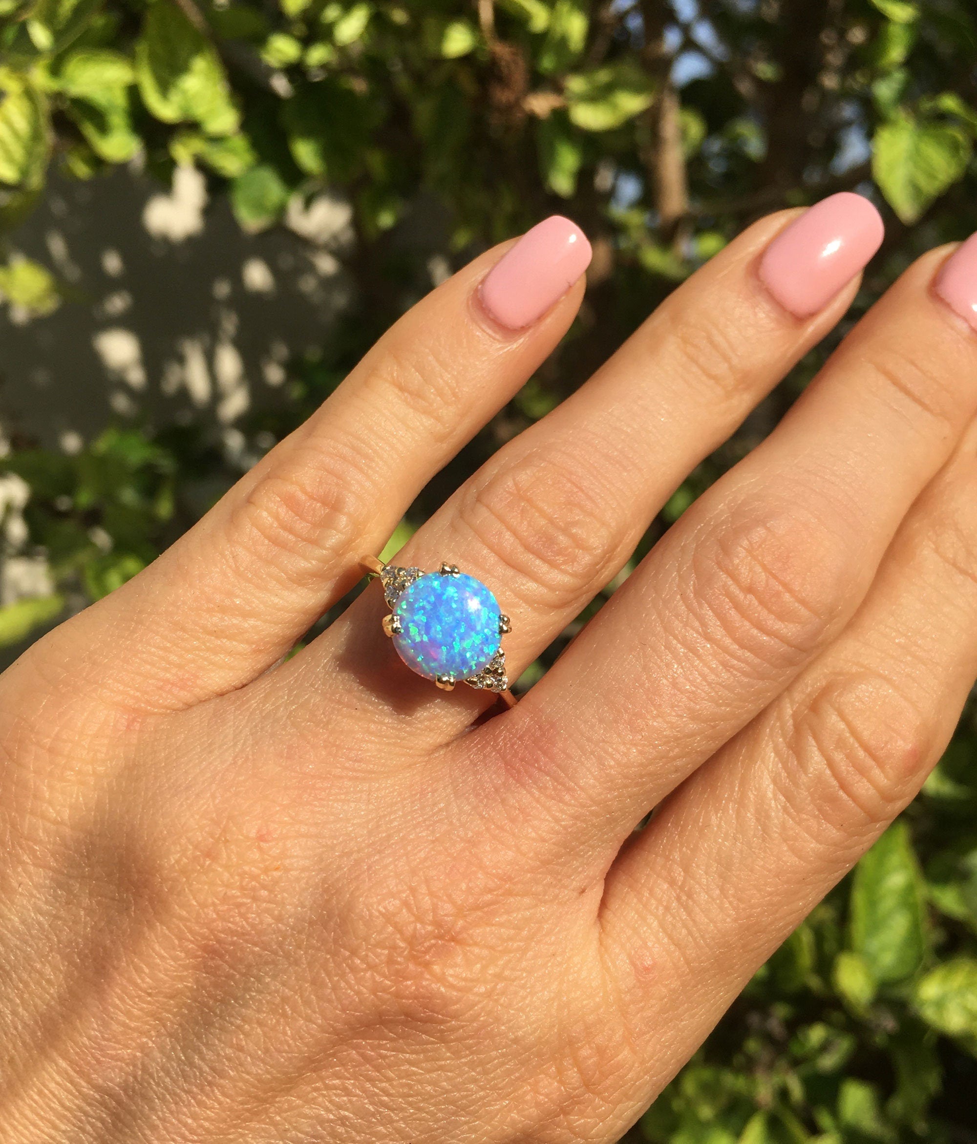 Blue Opal Ring - October Birthstone - Statement Engagement Ring with Round Blue Opal Middle Gemstone and Clear Quartz Accents - H.L.Jewelry