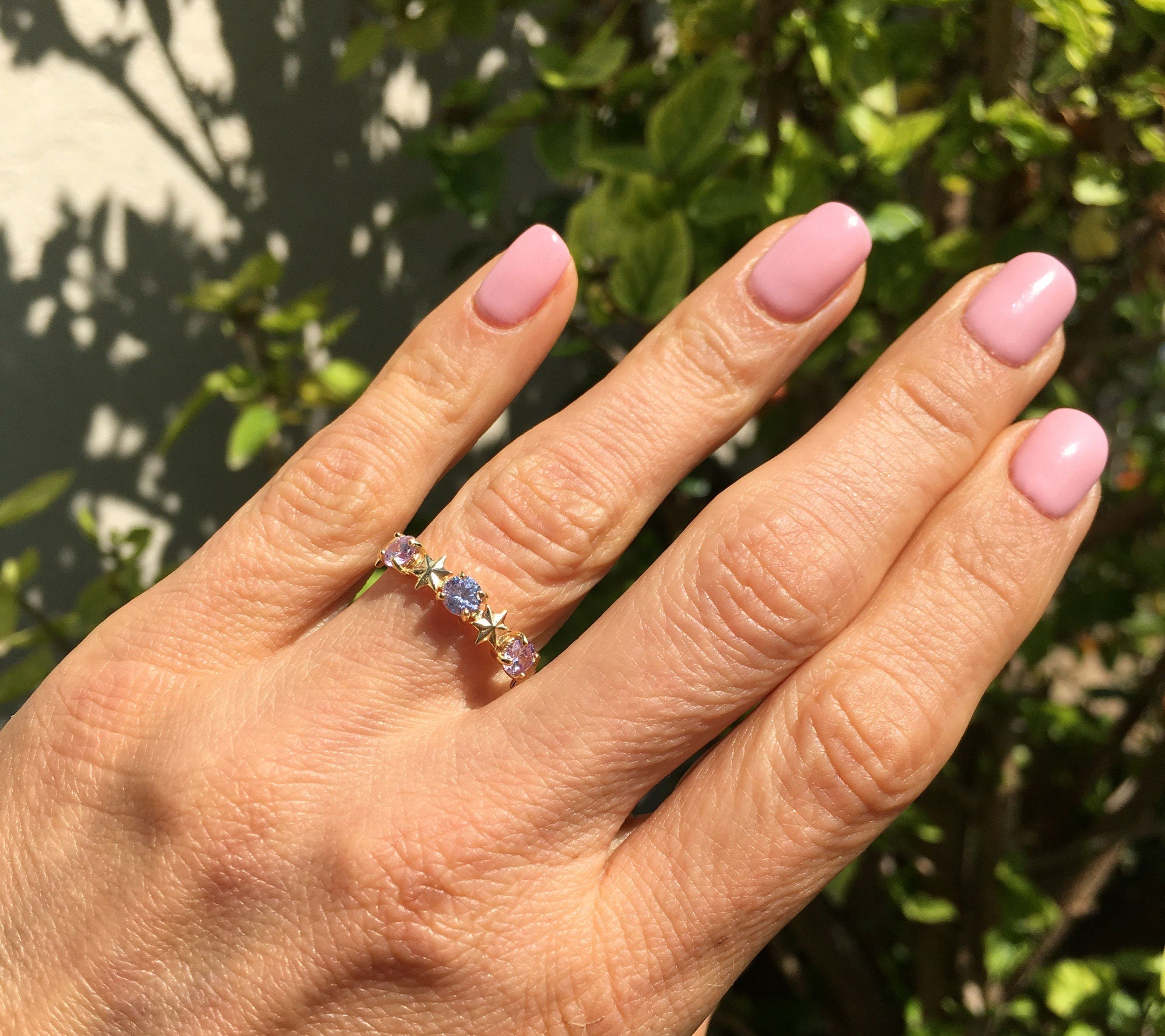 Lavender Amethyst Ring - Delicate Ring with Three Lavender Amethyst Gemstones and Star Accents - H.L.Jewelry