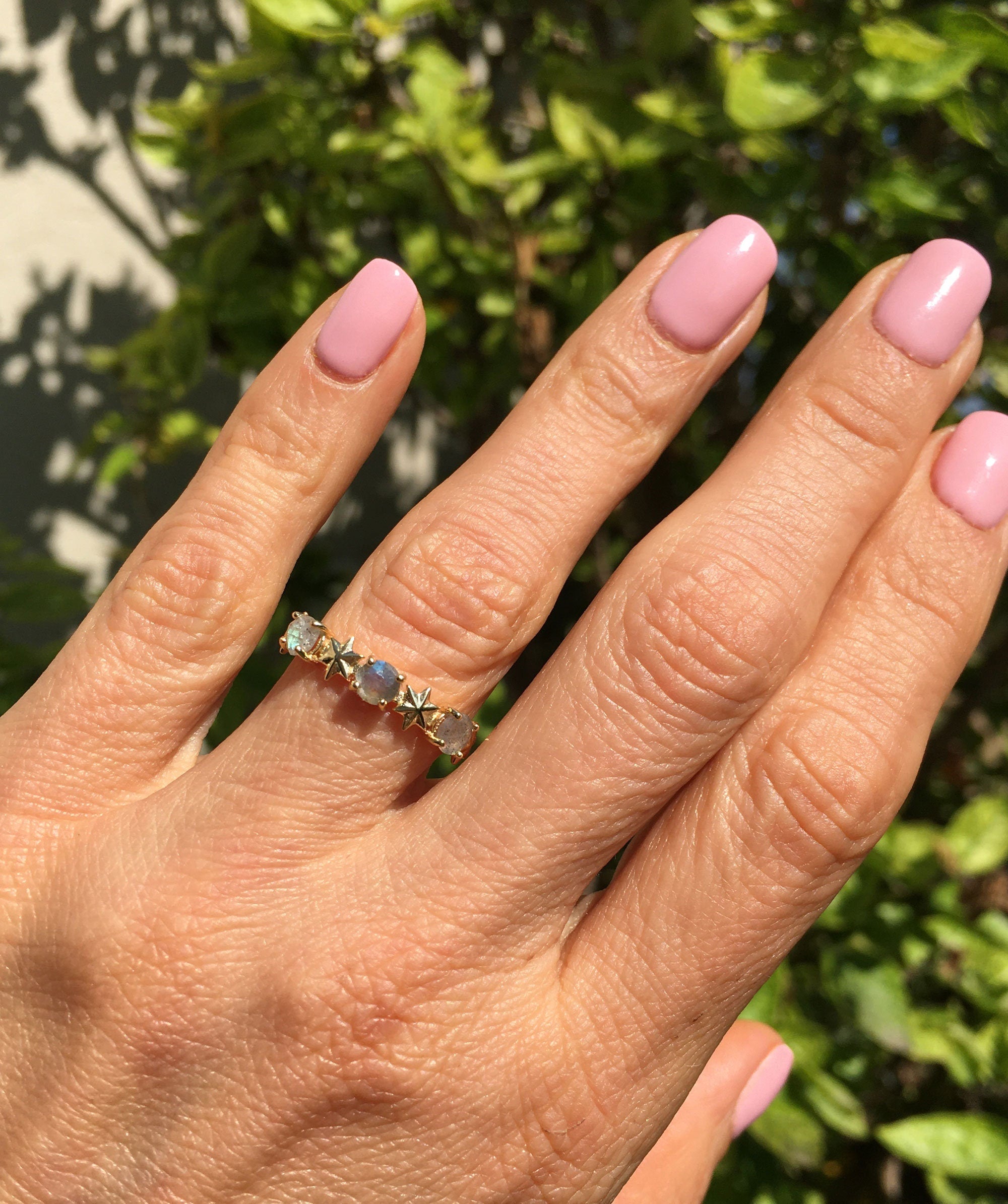 Labradorite Ring - Delicate Ring with Three Labradorite Gemstones and Star Accents - H.L.Jewelry