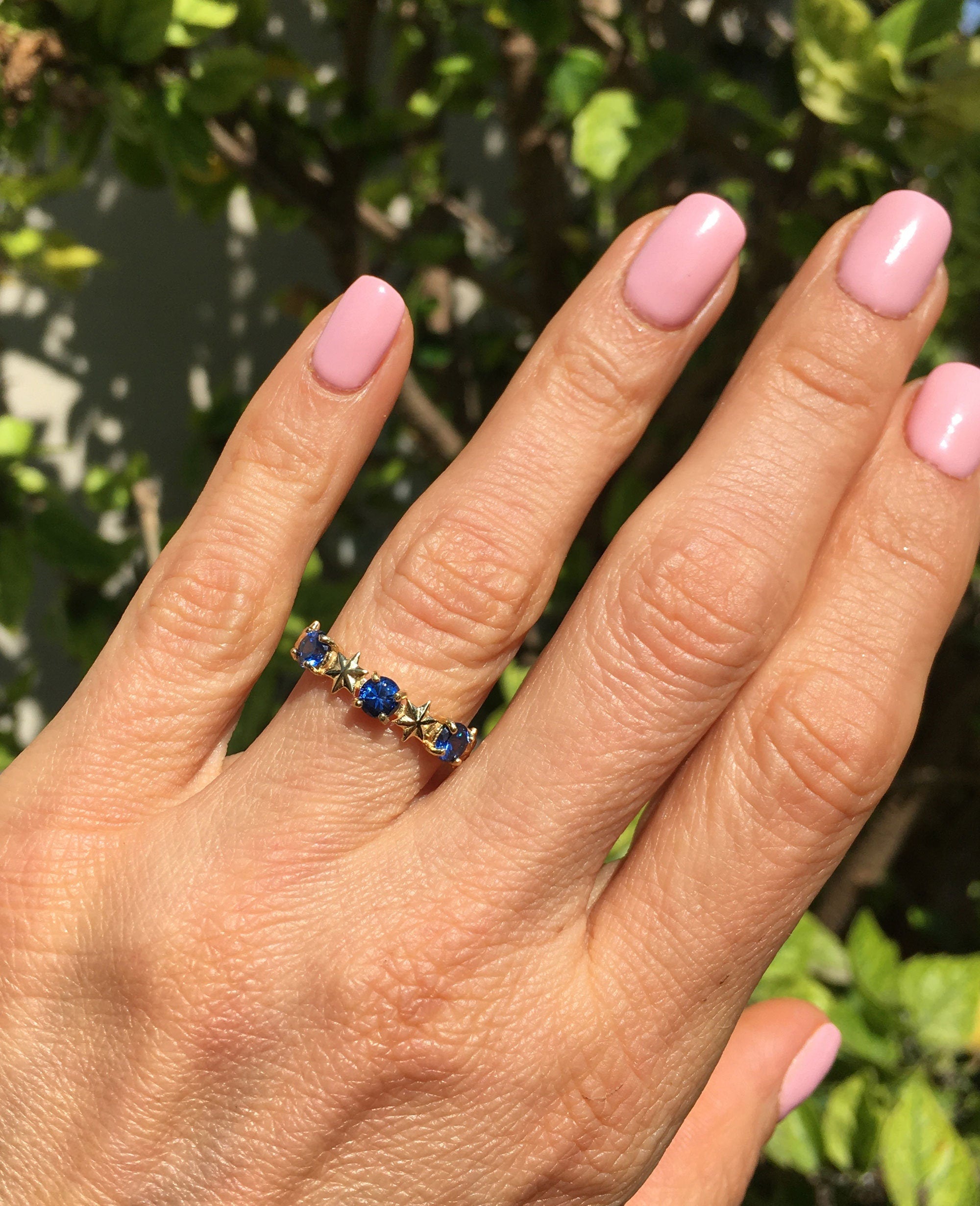 Blue Sapphire Ring - September Birthstone - Delicate Ring with Three Blue Sapphire Gemstones and Star Accents - H.L.Jewelry