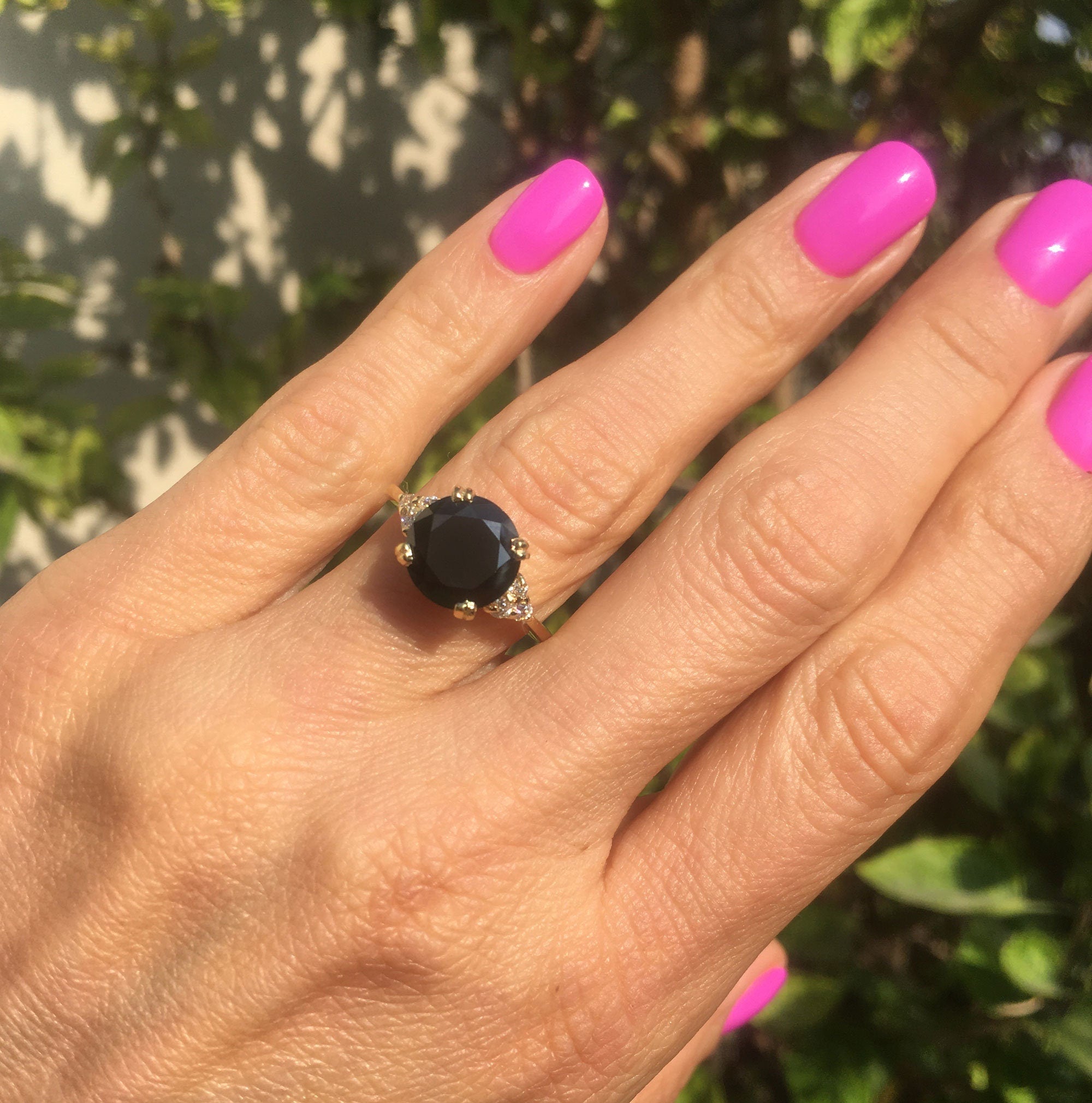 Black Onyx Ring - December Birthstone - Statement Engagement Ring with Round Black Onyx Middle Gemstone and Clear Quartz Accents - H.L.Jewelry