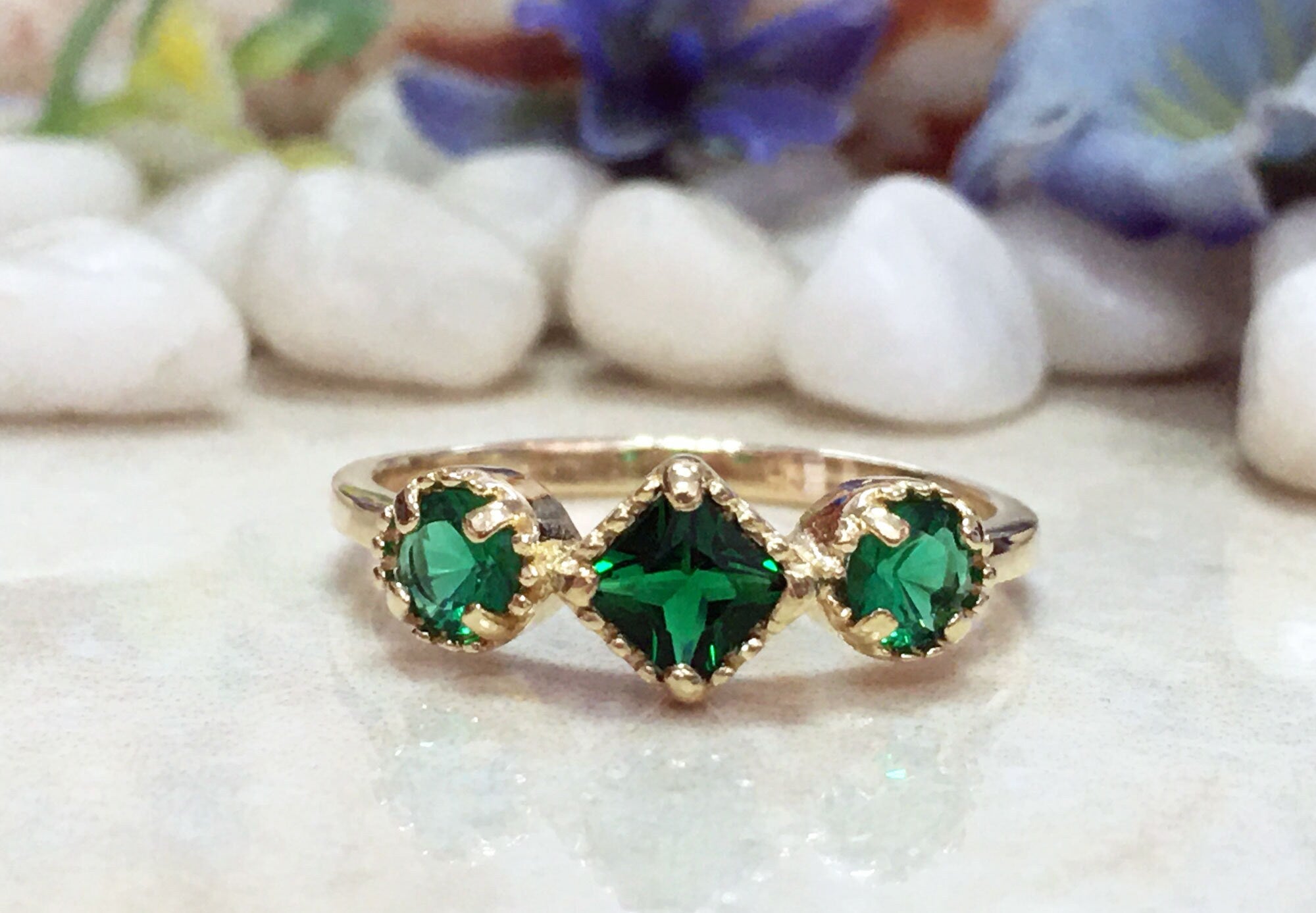 Emerald Ring - May Birthstone - Ring with Square Emerald Center Stone and Side Accents - H.L.Jewelry