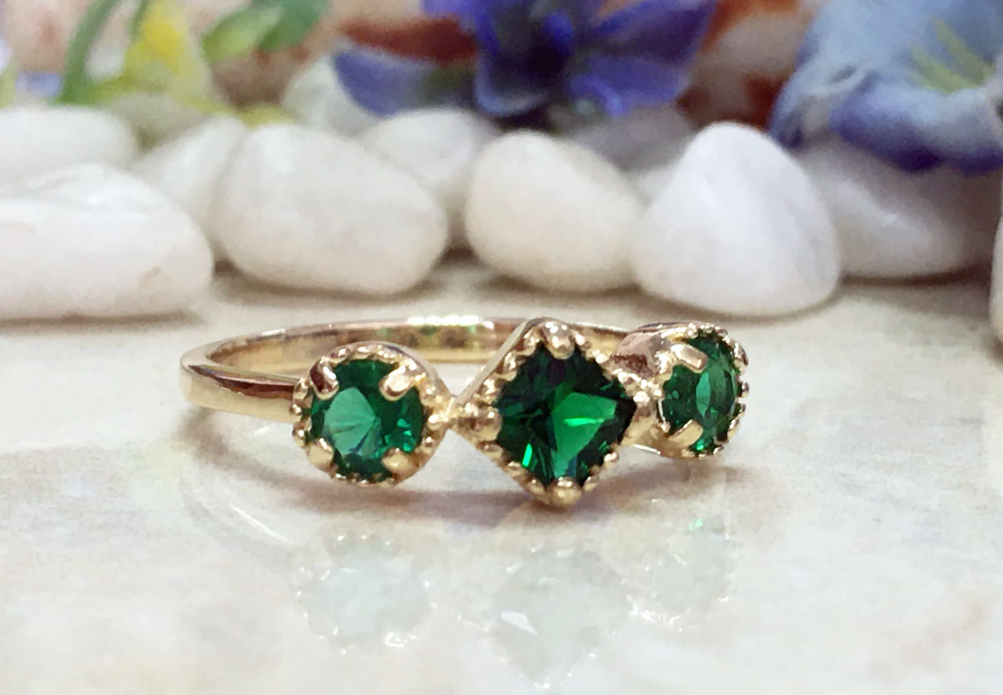 Emerald Ring - May Birthstone - Ring with Square Emerald Center Stone and Side Accents - H.L.Jewelry