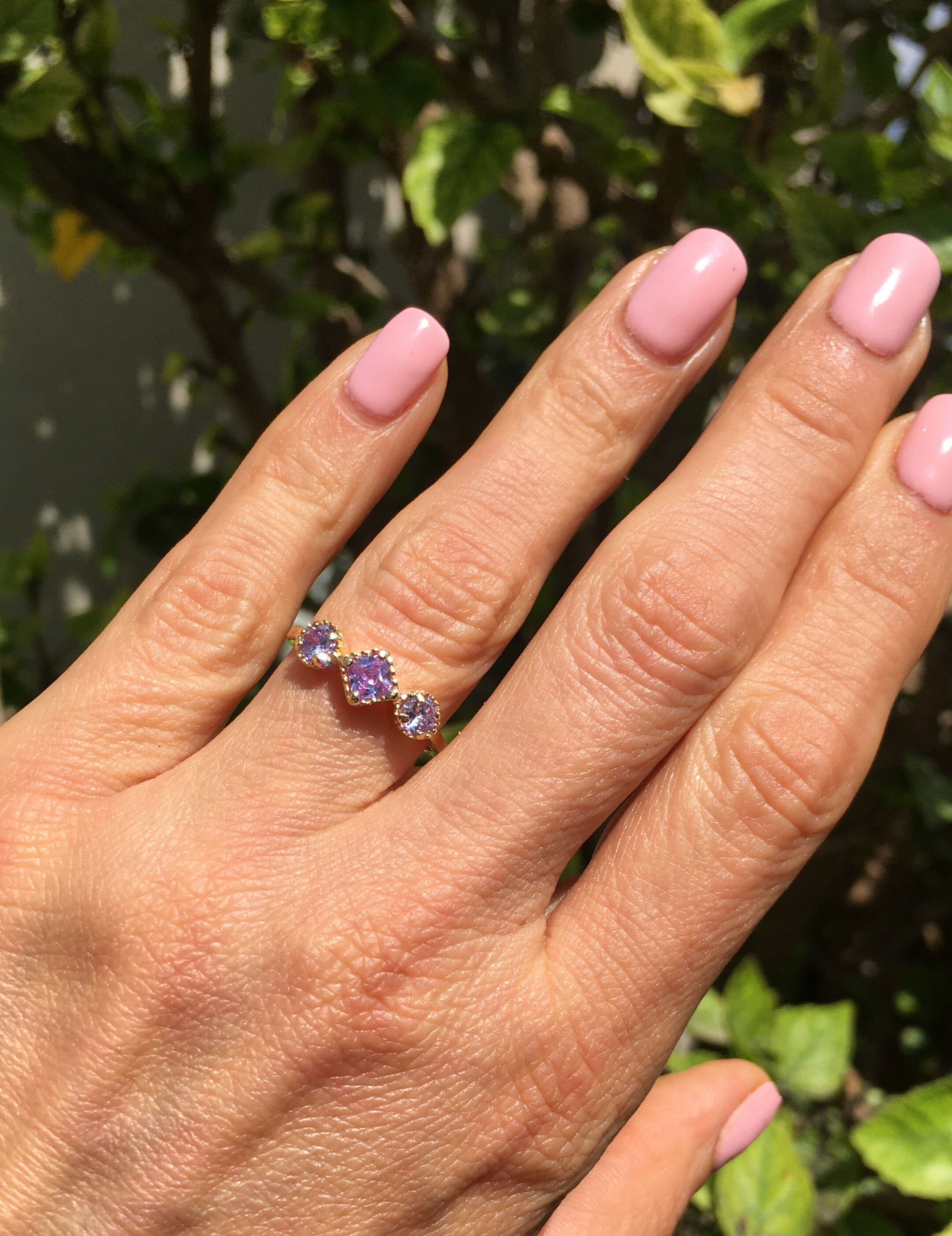 Lavender Amethyst Ring - Three Stone Ring  - Ring with Square Lavender Amethyst Center Stone and Side Accents - H.L.Jewelry