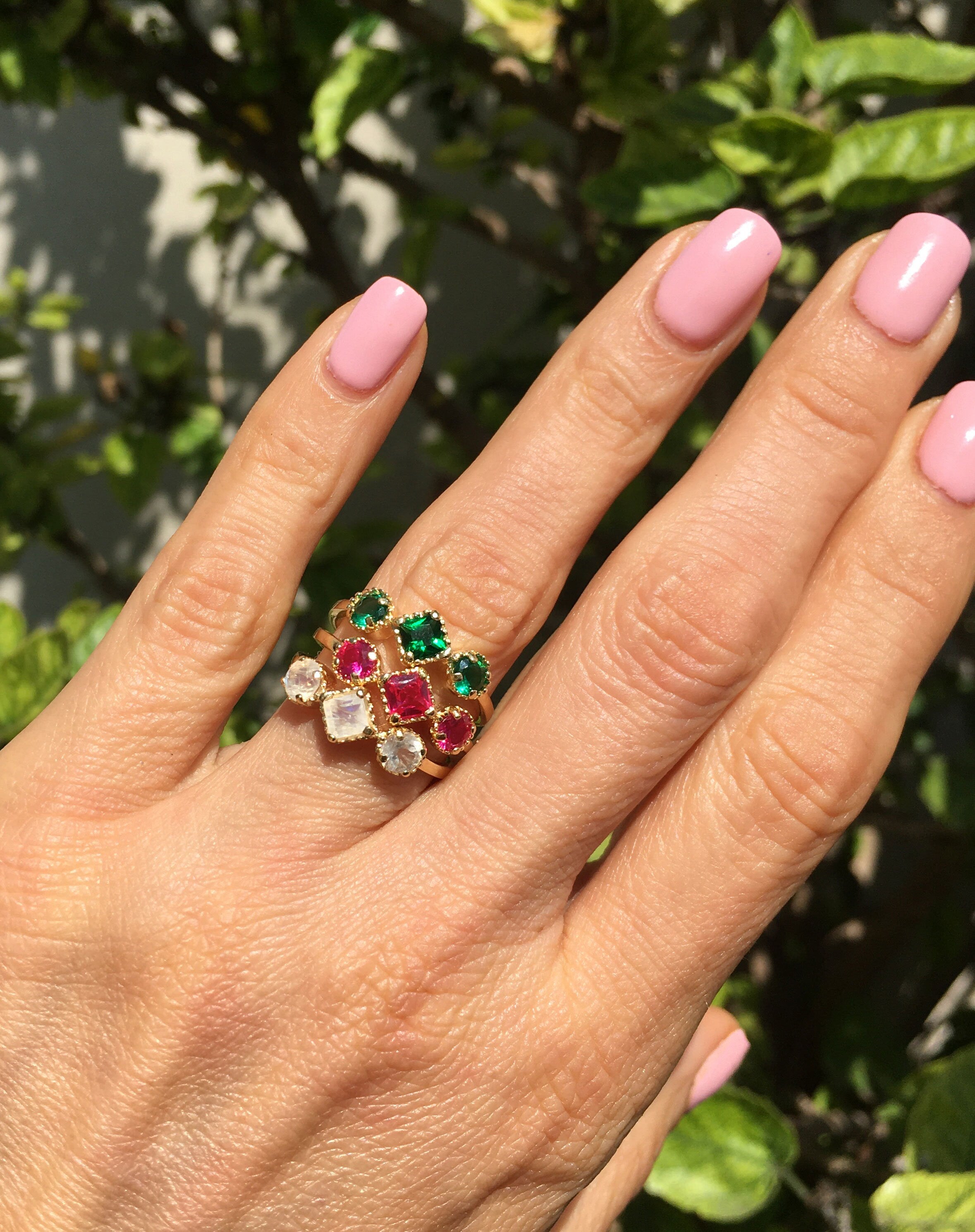 Rainbow Moonstone Ring - June Birthstone - Ring with Square Rainbow Moonstone Center Stone and Side Accents - H.L.Jewelry