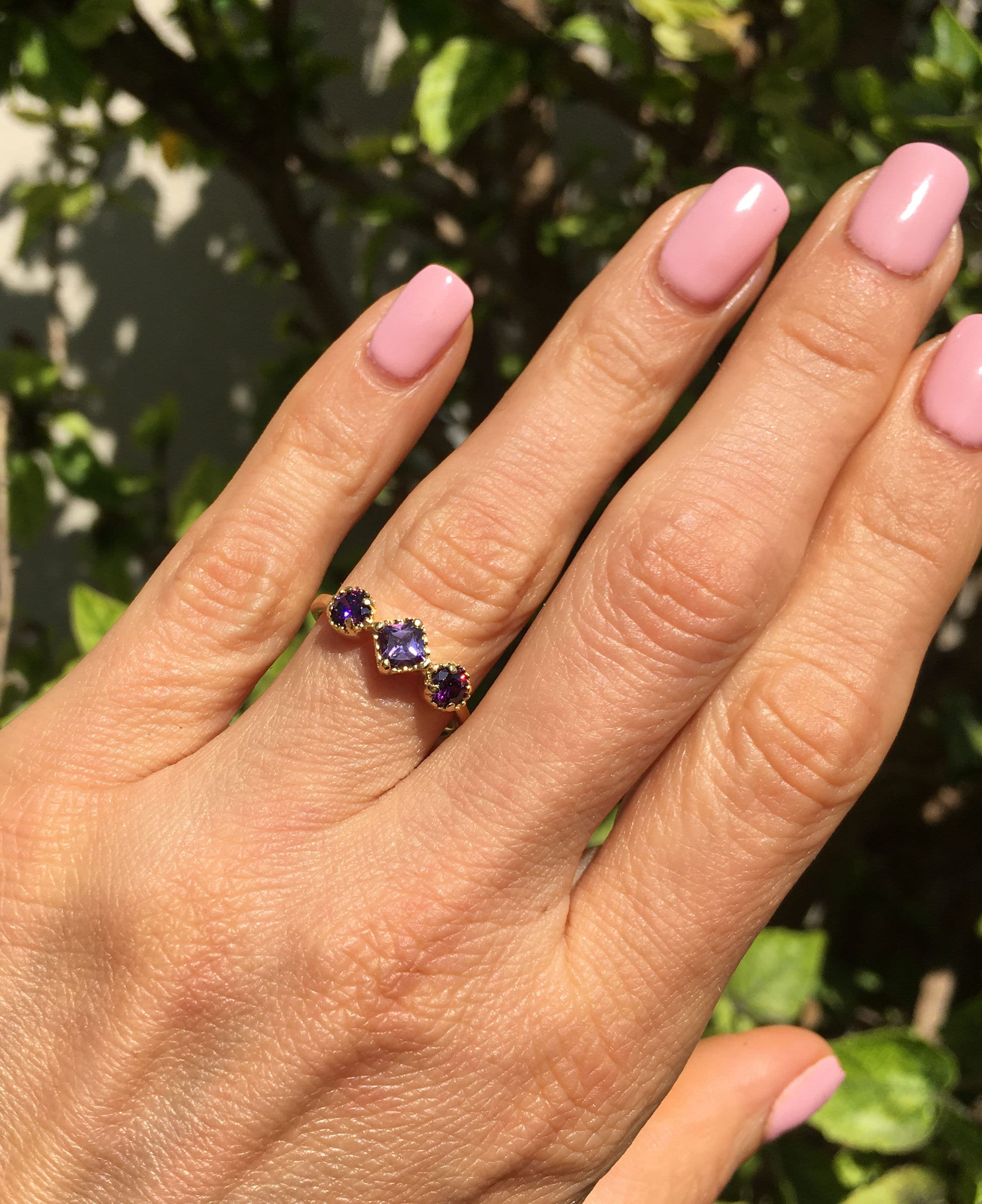 Amethyst Ring - February Birthstone - Ring with Square Amethyst Center Stone and Round Side Accents - H.L.Jewelry