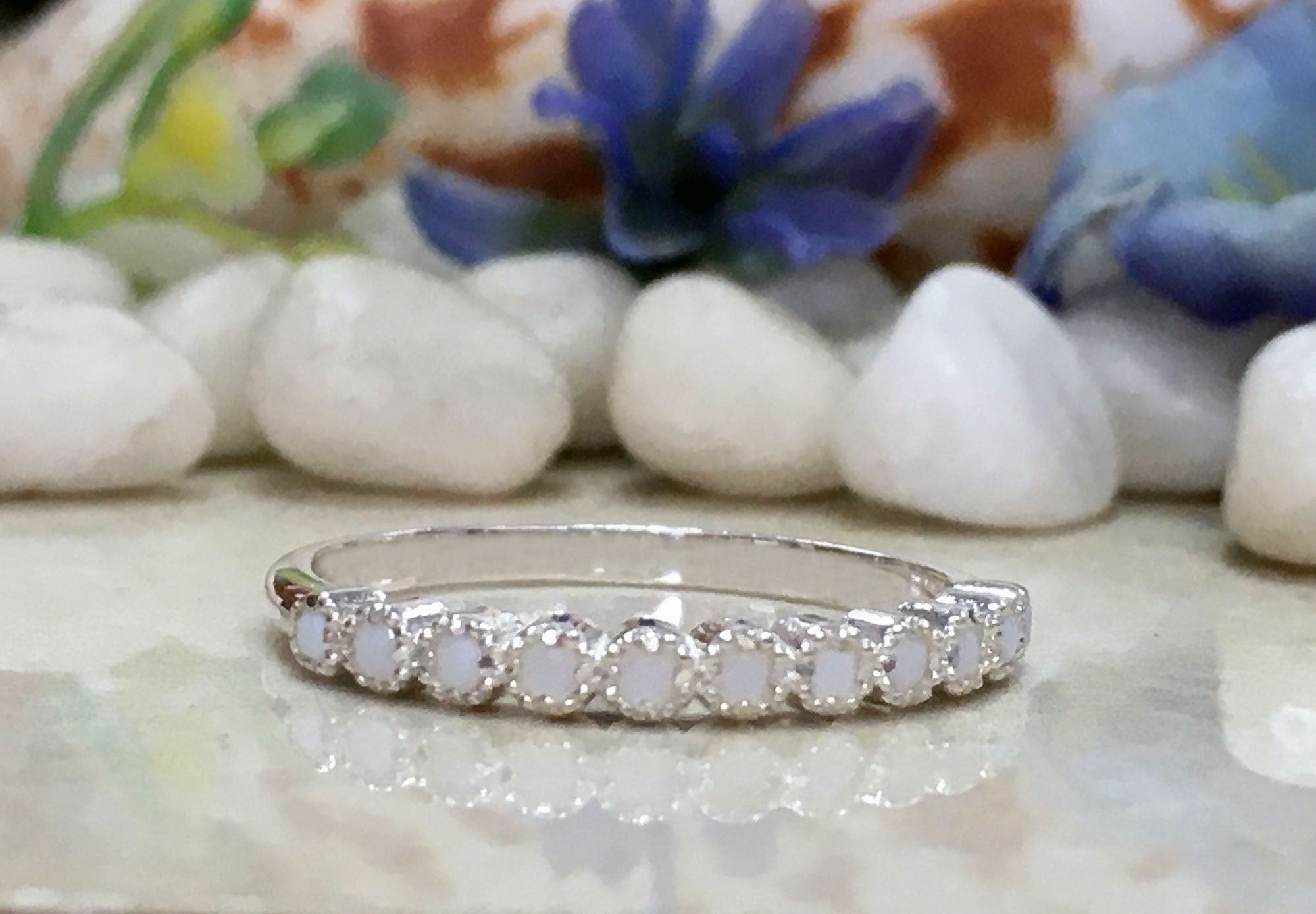 Milky White Agate Ring - Stacking Ring with Eleven Round Milky White Agate Gemstones - H.L.Jewelry