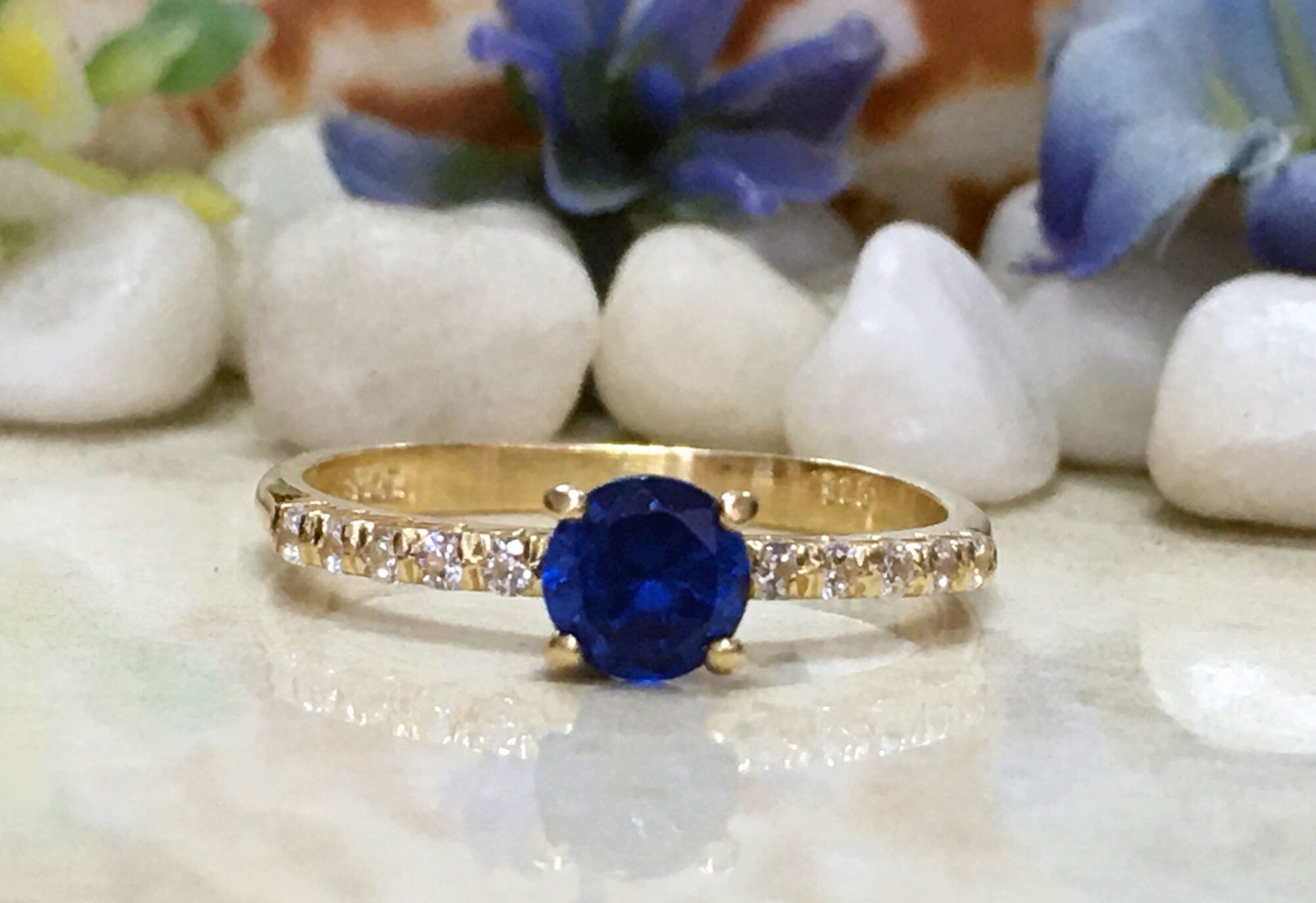 Blue Sapphire Ring - September Birthstone - Round Blue Sapphire Gemstone Ring with Clear Quartz Accents - H.L.Jewelry