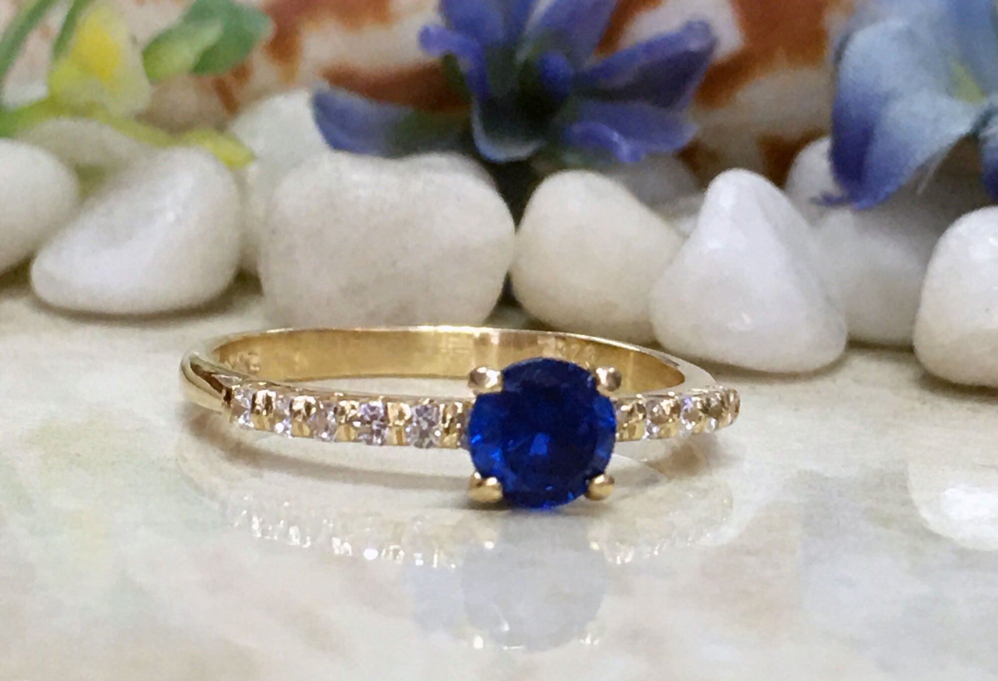 Blue Sapphire Ring - September Birthstone - Round Blue Sapphire Gemstone Ring with Clear Quartz Accents - H.L.Jewelry