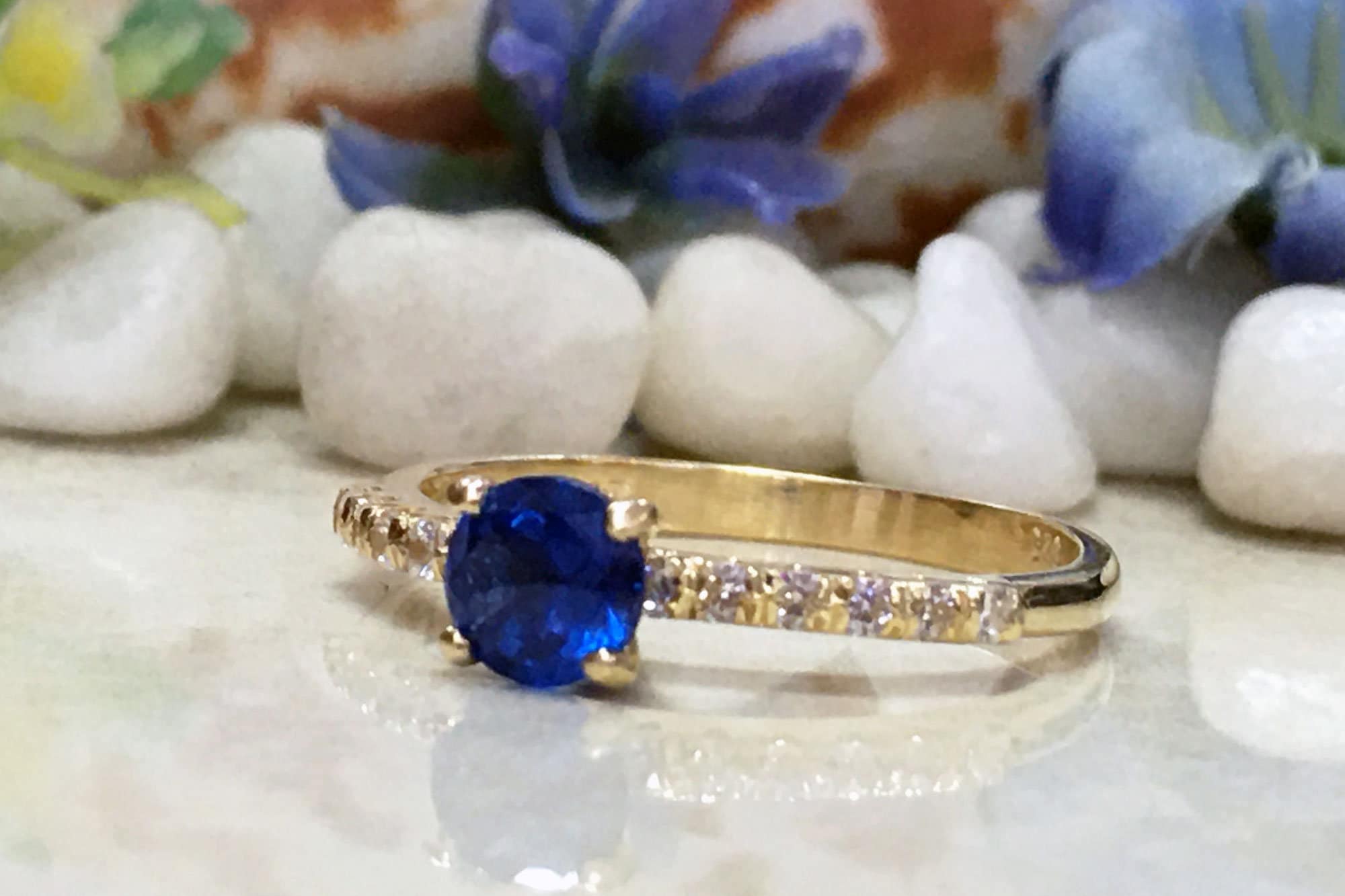 Blue Sapphire Ring - September Birthstone - Round Blue Sapphire Gemstone Ring with Clear Quartz Accents - H.L.Jewelry