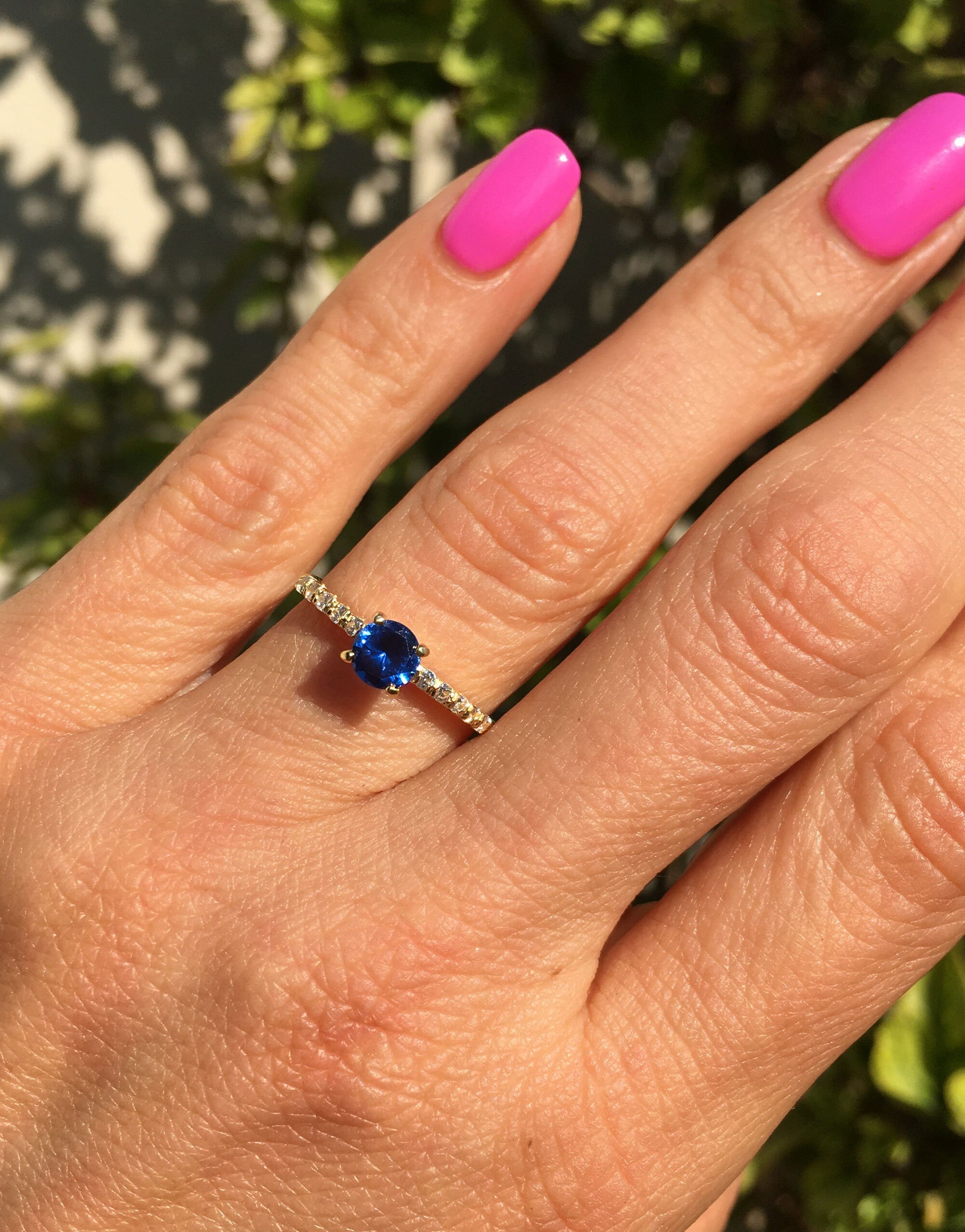 Blue Sapphire Ring - September Birthstone - Round Blue Sapphire Gemstone Ring with Clear Quartz Accents - H.L.Jewelry