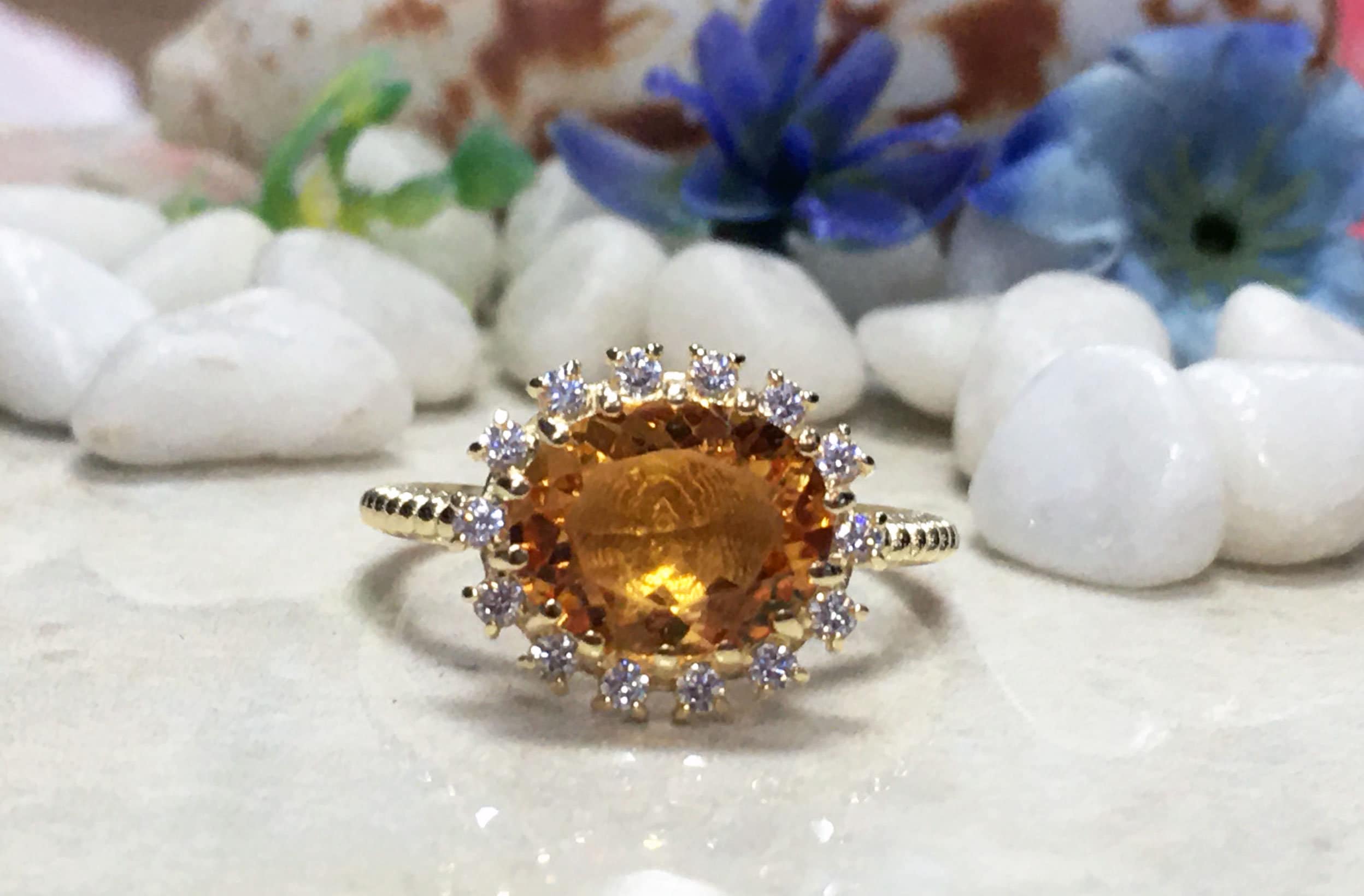 Citrine ring - November Birthstone - Engagement Ring with Oval Citrine Center Stone and Clear Quartz Halo - H.L.Jewelry