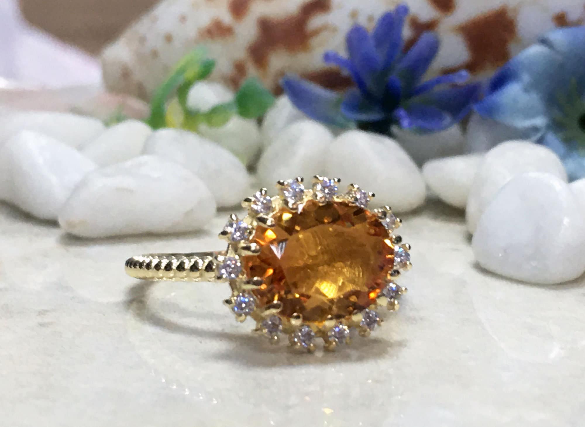 Citrine ring - November Birthstone - Engagement Ring with Oval Citrine Center Stone and Clear Quartz Halo - H.L.Jewelry