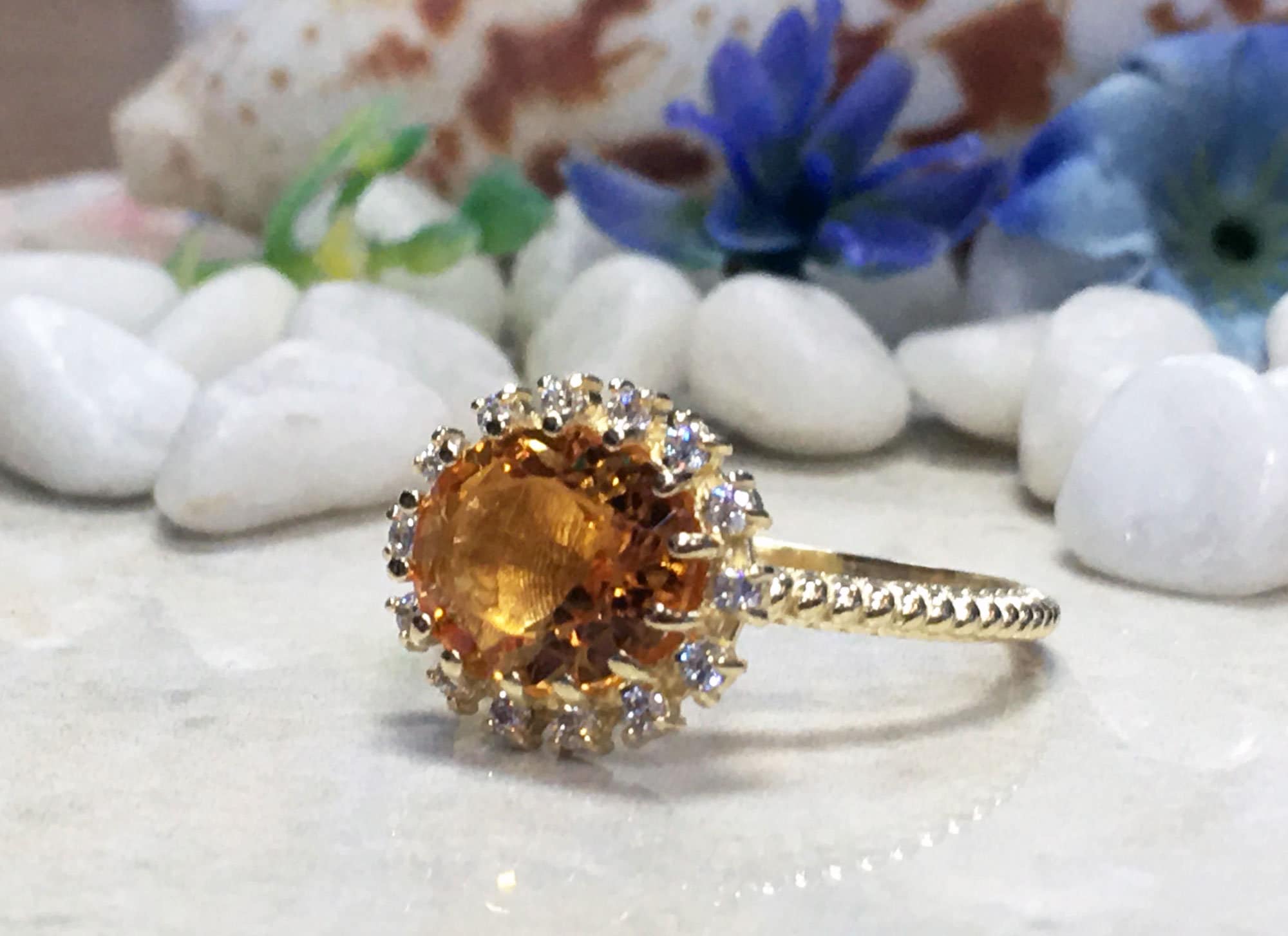 Citrine ring - November Birthstone - Engagement Ring with Oval Citrine Center Stone and Clear Quartz Halo - H.L.Jewelry