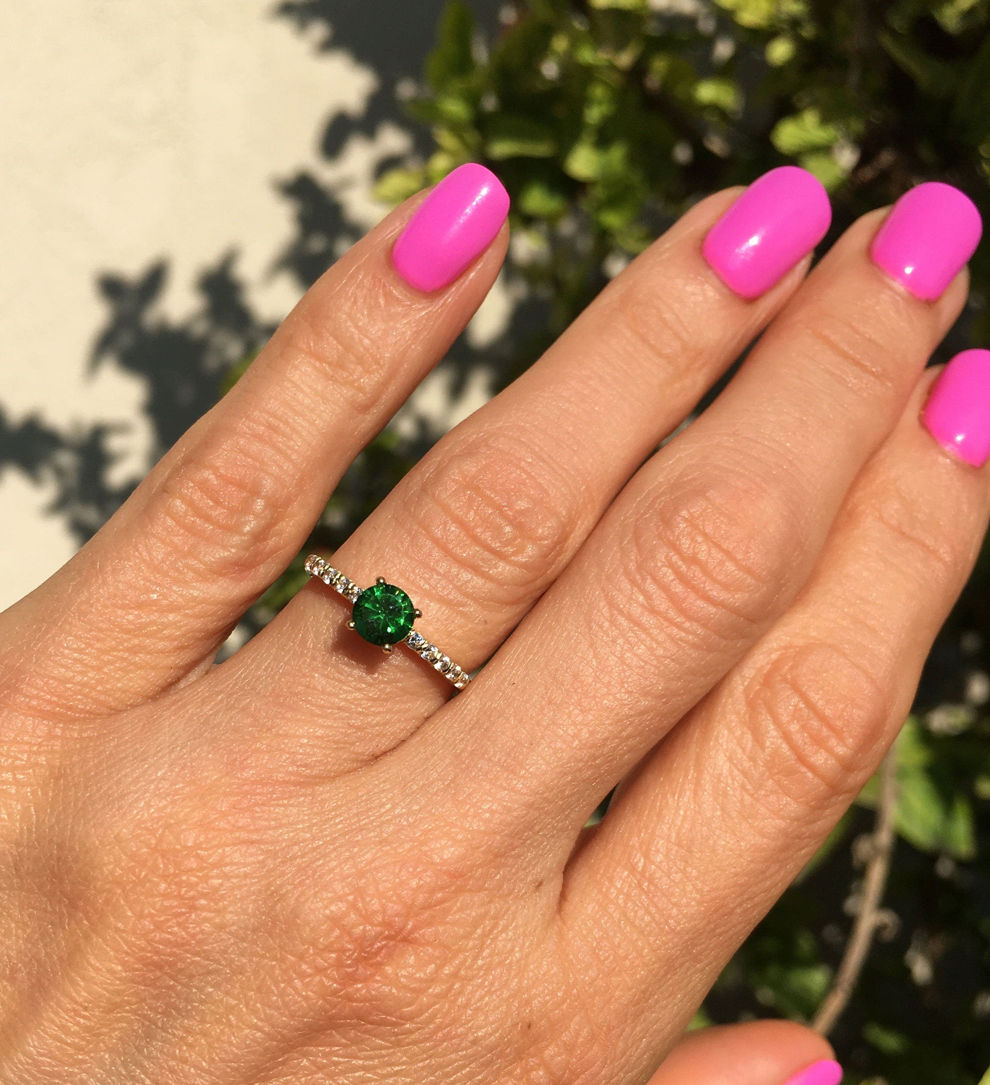 Emerald Ring - May Birthstone - Delicate Round Emerald Ring with Clear Quartz Accents - H.L.Jewelry