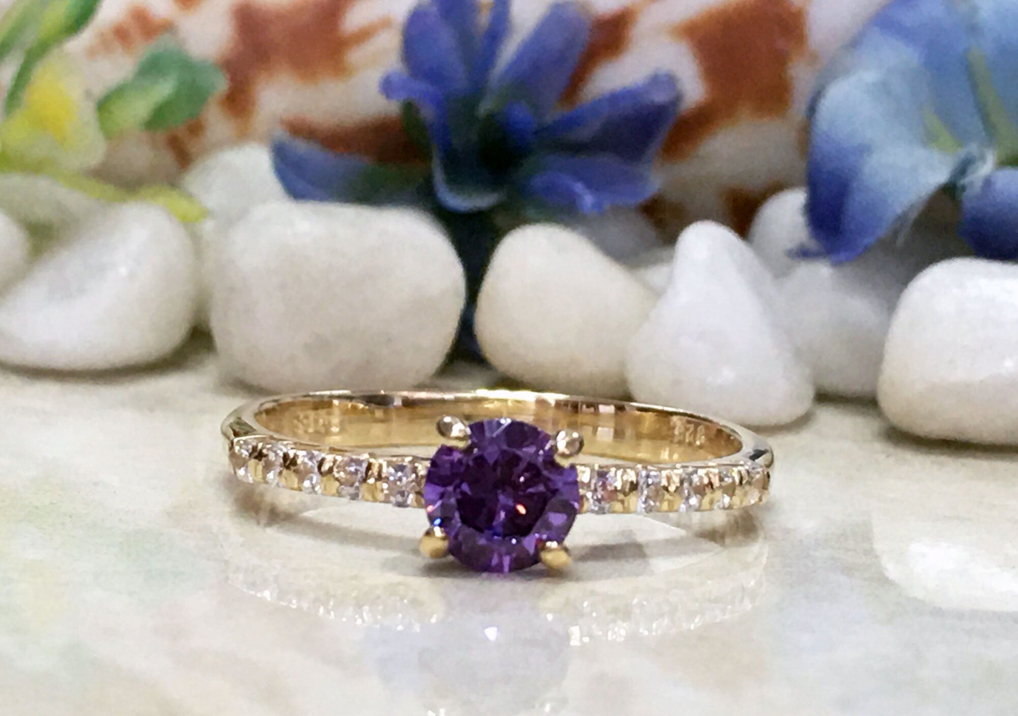 Amethyst Ring - February Birthstone - Delicate Round Purple Amethyst Ring with Clear Quartz Accents - H.L.Jewelry