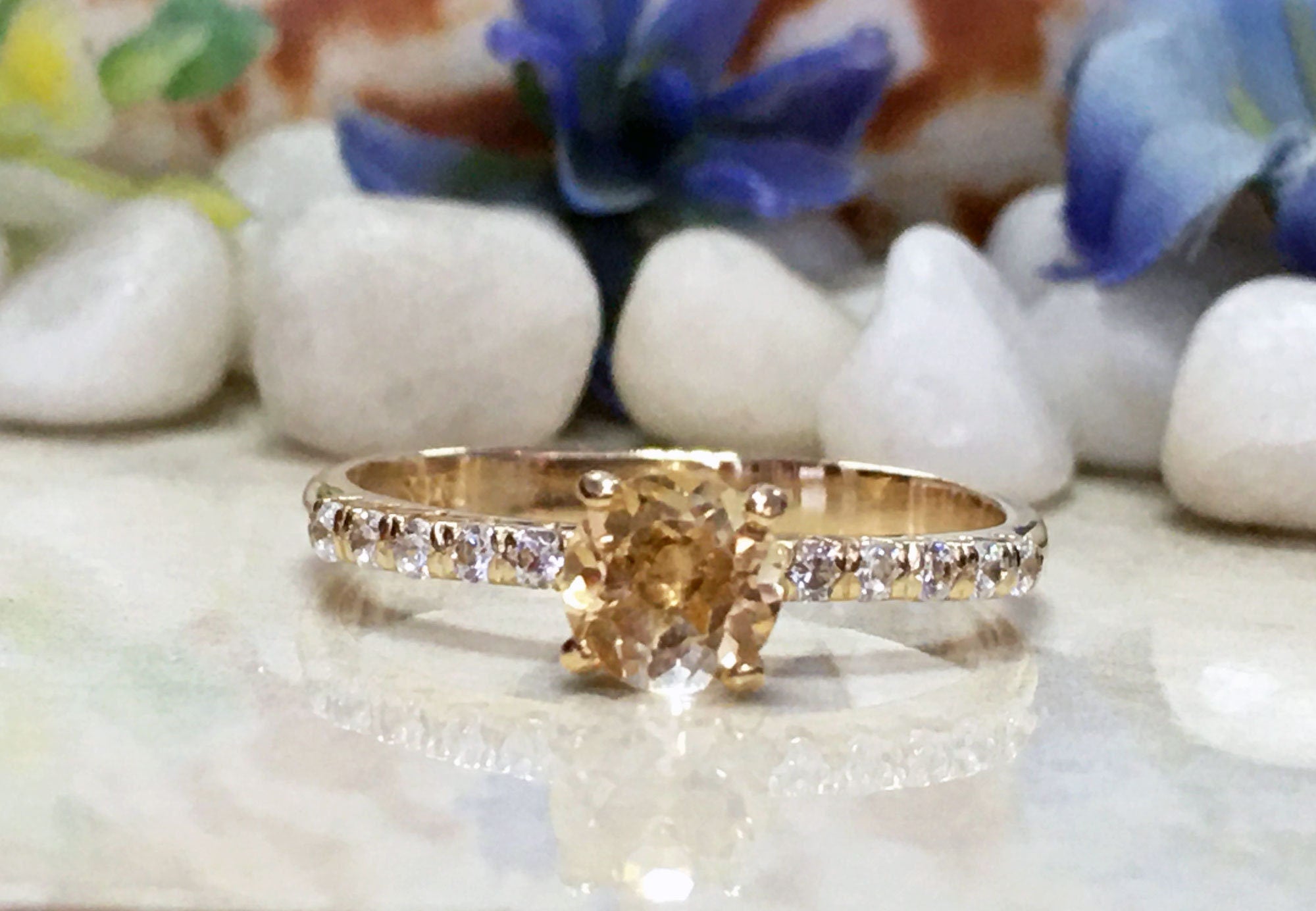 Citrine Ring - November Birthstone - Delicate Round Citrine Ring with Clear Quartz Accents - H.L.Jewelry