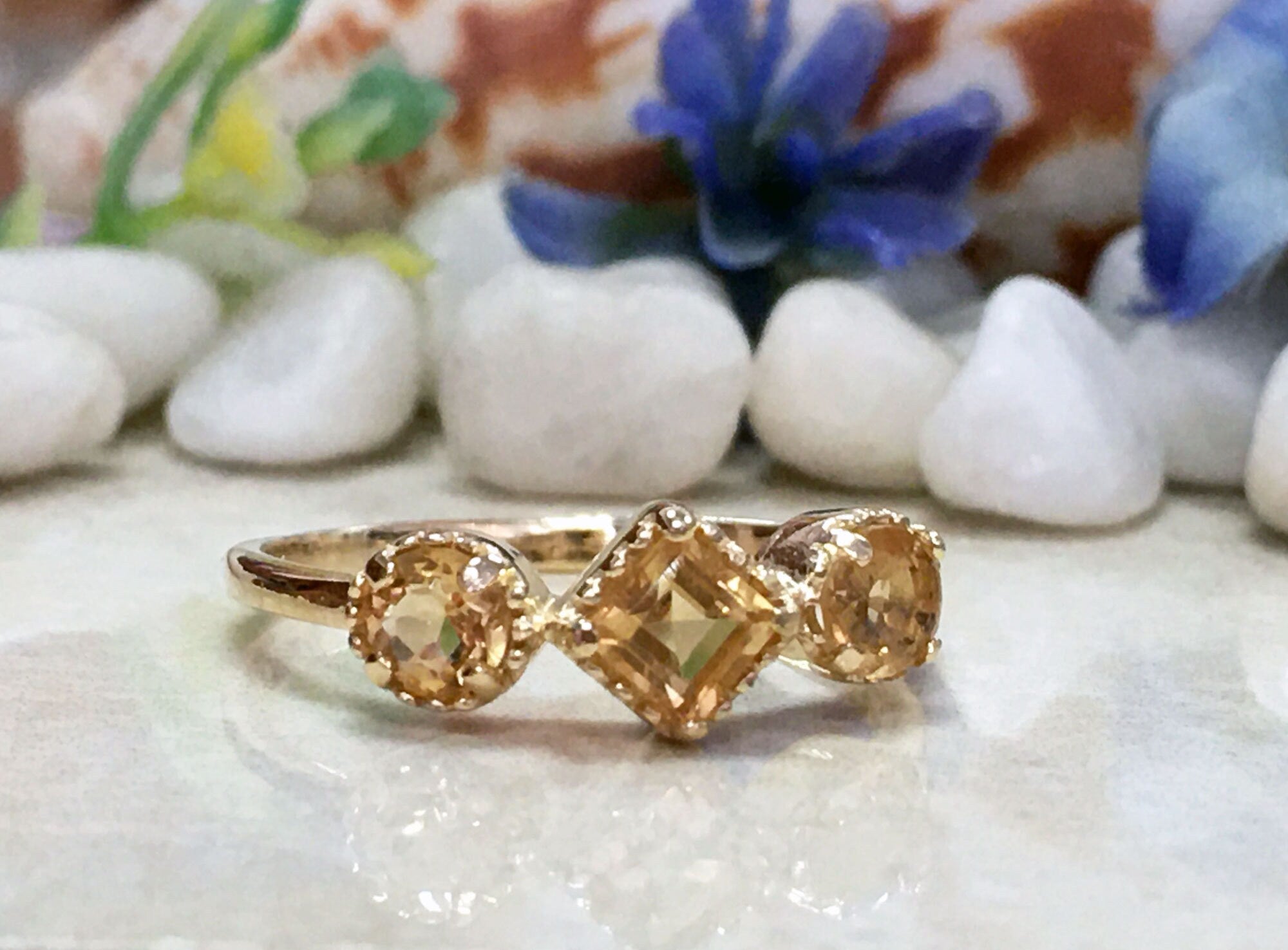 Citrine Ring - November Birthstone - Ring with Square Citrine Center Gemstone and Side Accents - H.L.Jewelry