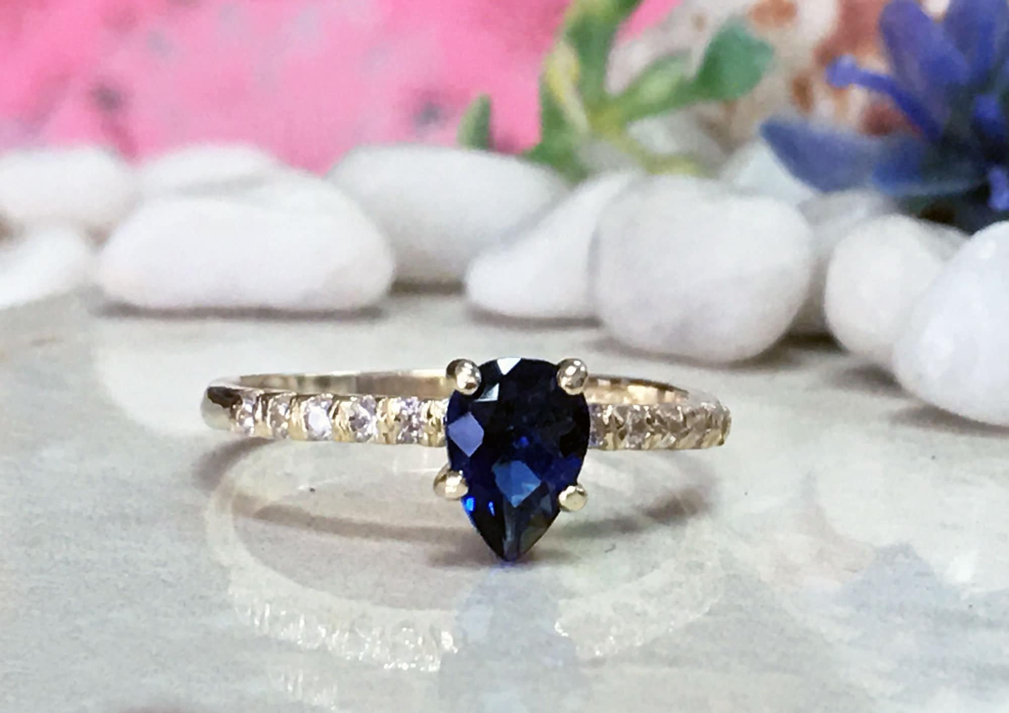 Blue Sapphire Ring - September Birthstone - Pear Shaped Blue Sapphire Gemstone Ring with Clear Quartz Accents - H.L.Jewelry