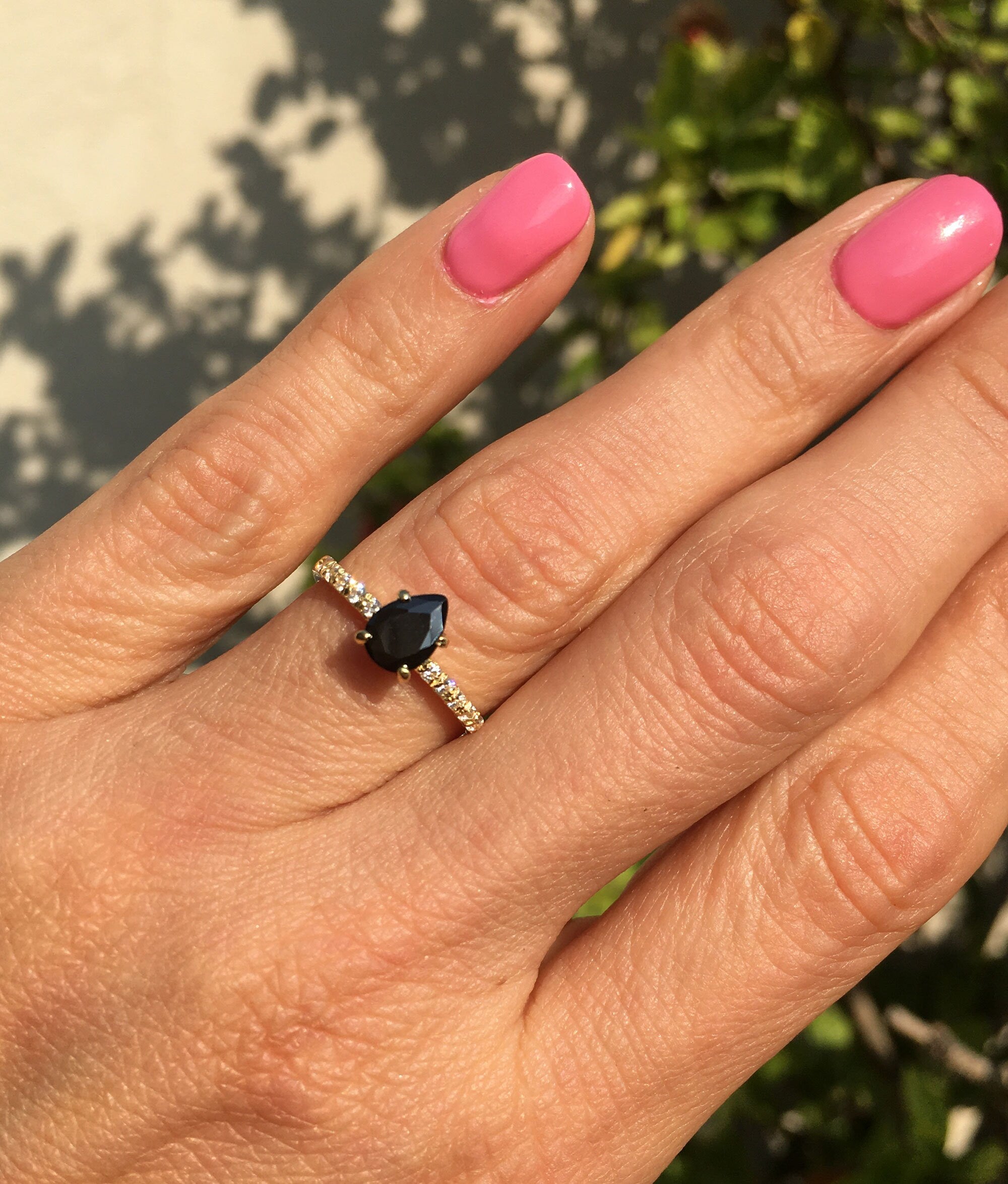 Black Onyx Ring - December Birthstone - Pear-Shaped Black Onyx Gemstone Delicate Ring with Clear Quartz Accents - H.L.Jewelry