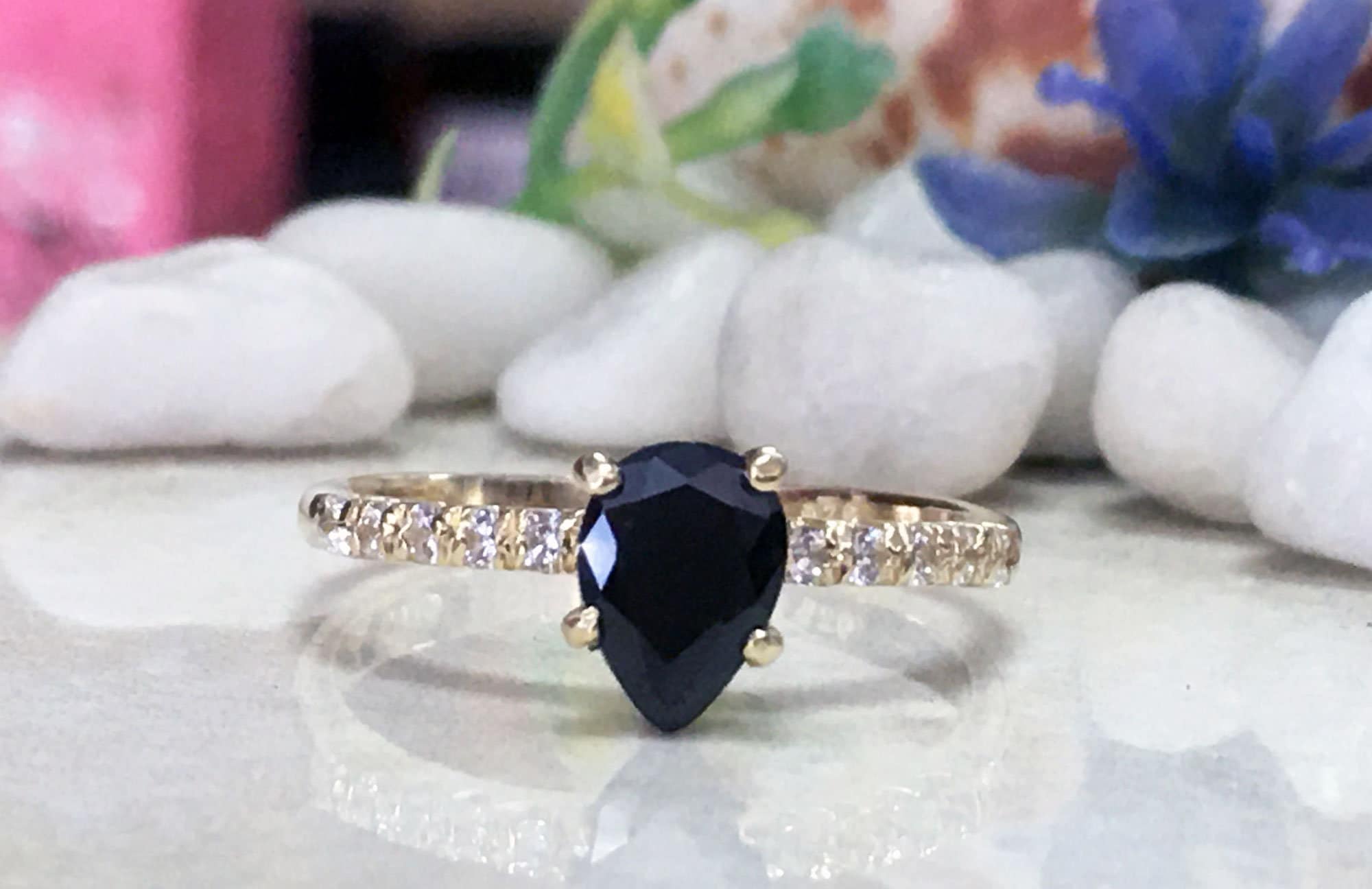 Black Onyx Ring - December Birthstone - Pear-Shaped Black Onyx Gemstone Delicate Ring with Clear Quartz Accents - H.L.Jewelry