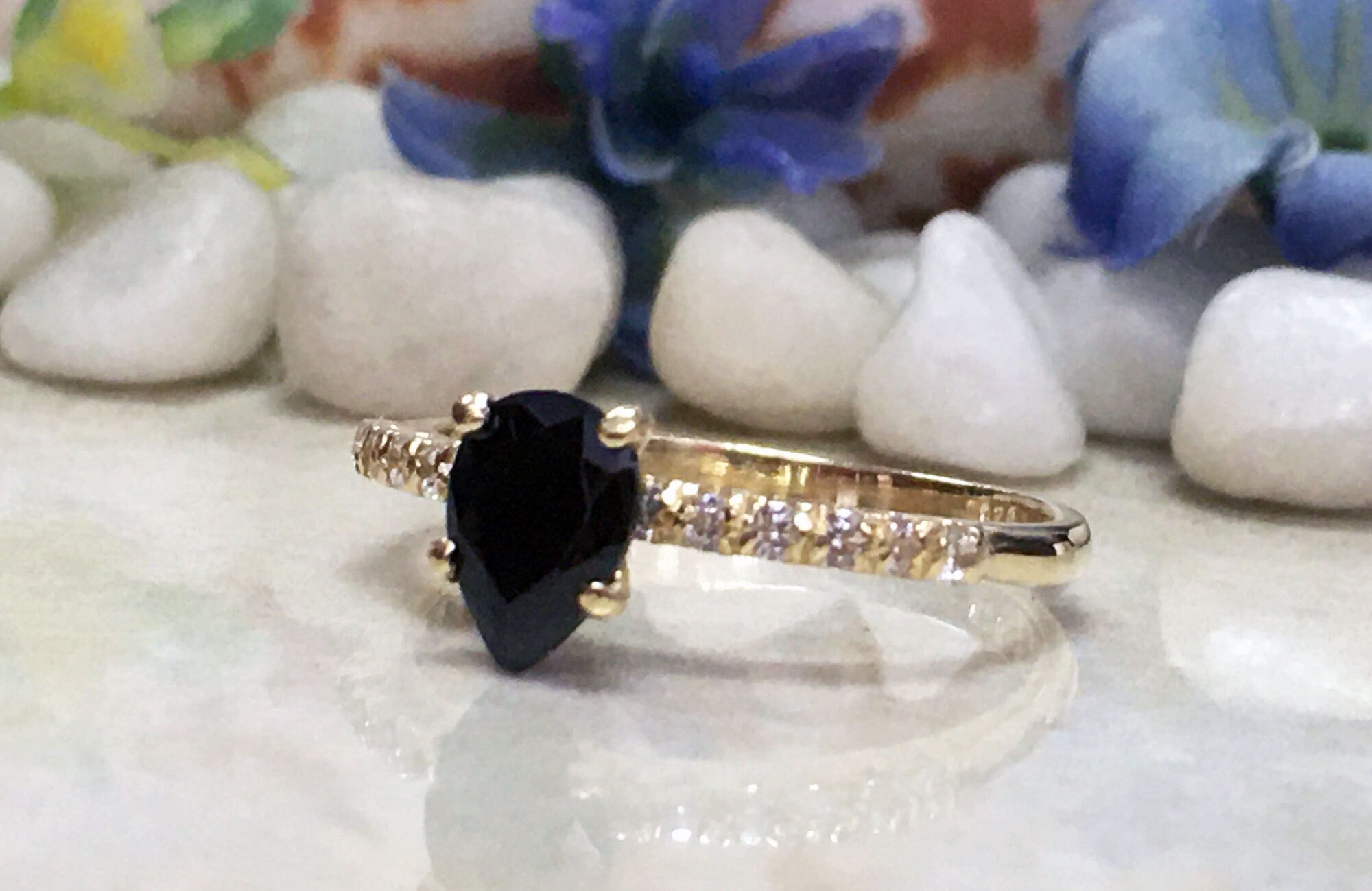 Black Onyx Ring - December Birthstone - Pear-Shaped Black Onyx Gemstone Delicate Ring with Clear Quartz Accents - H.L.Jewelry