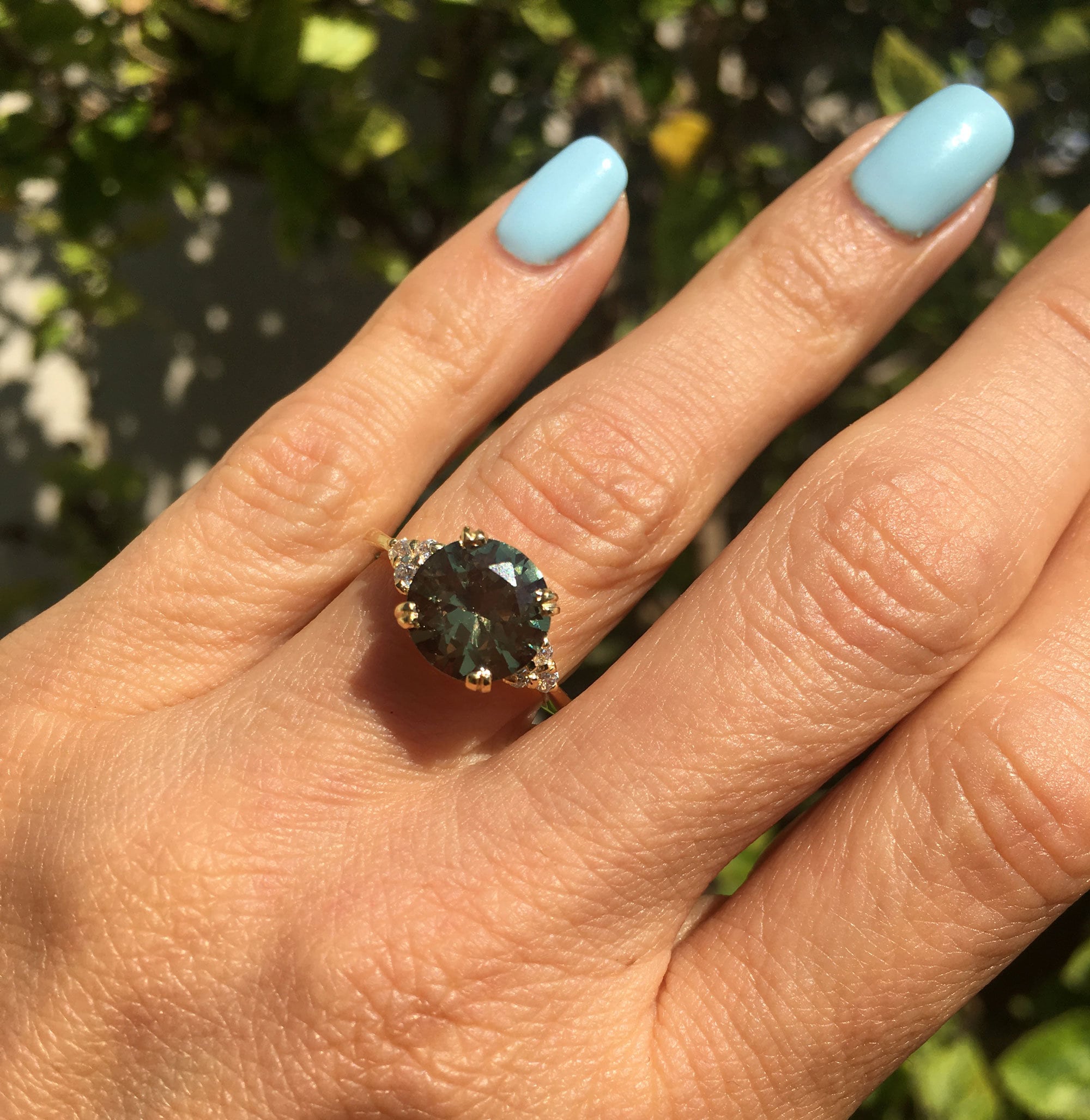 Green Tourmaline Ring - Statement Engagement Ring with Round Green Tourmaline Gemstone and Clear Quartz Accents - H.L.Jewelry