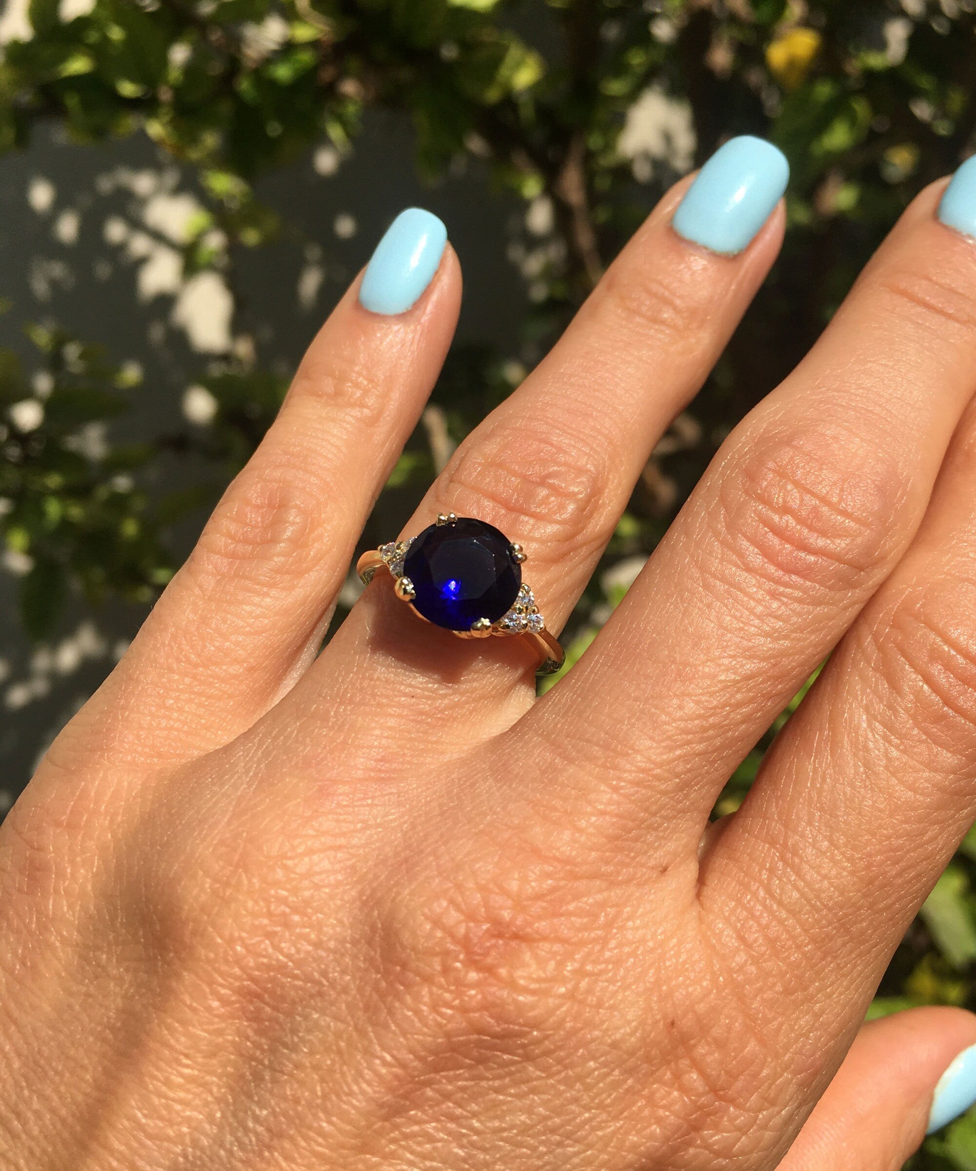 Blue Sapphire Ring - September Birthstone - Round Blue Sapphire Statement Engagement Ring with Clear Quartz Accents - H.L.Jewelry