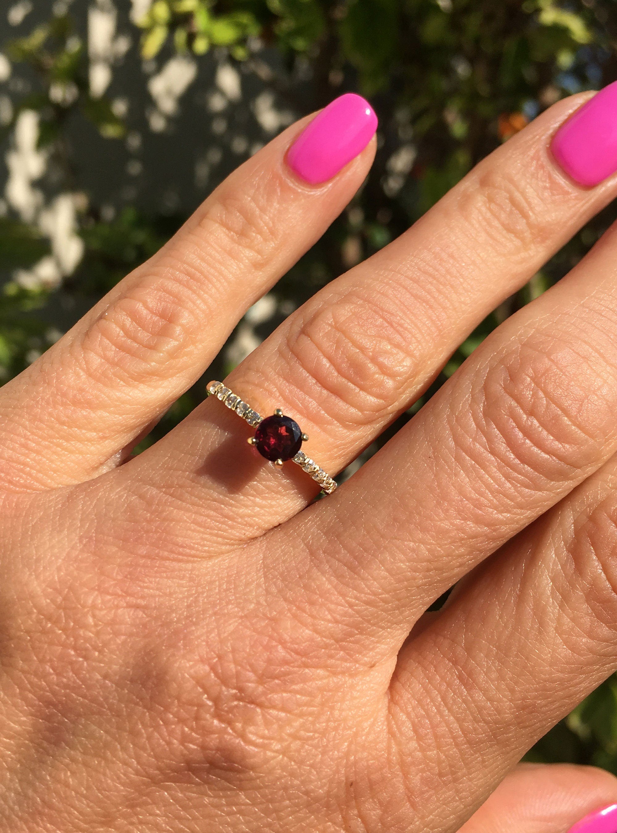 Red Garnet Ring - January Birthstone - Round Red Garnet Gemstone Ring with Clear Quartz Accents - H.L.Jewelry