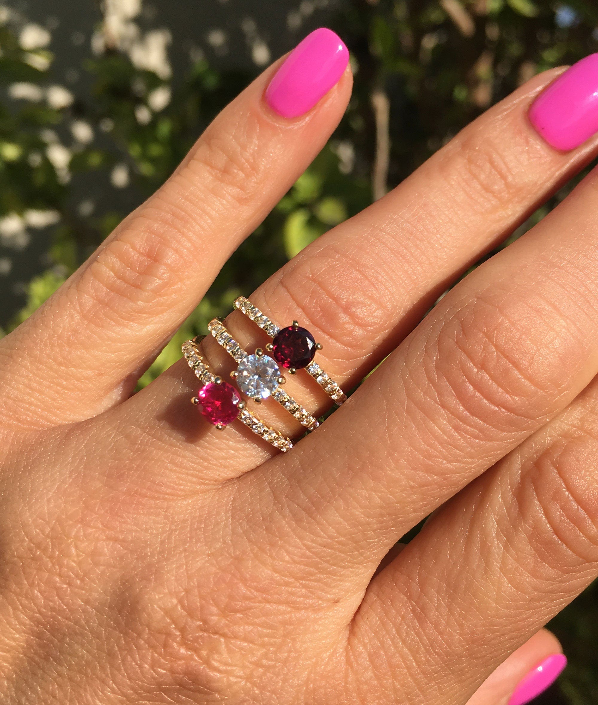 Red Garnet Ring - January Birthstone - Round Red Garnet Gemstone Ring with Clear Quartz Accents - H.L.Jewelry